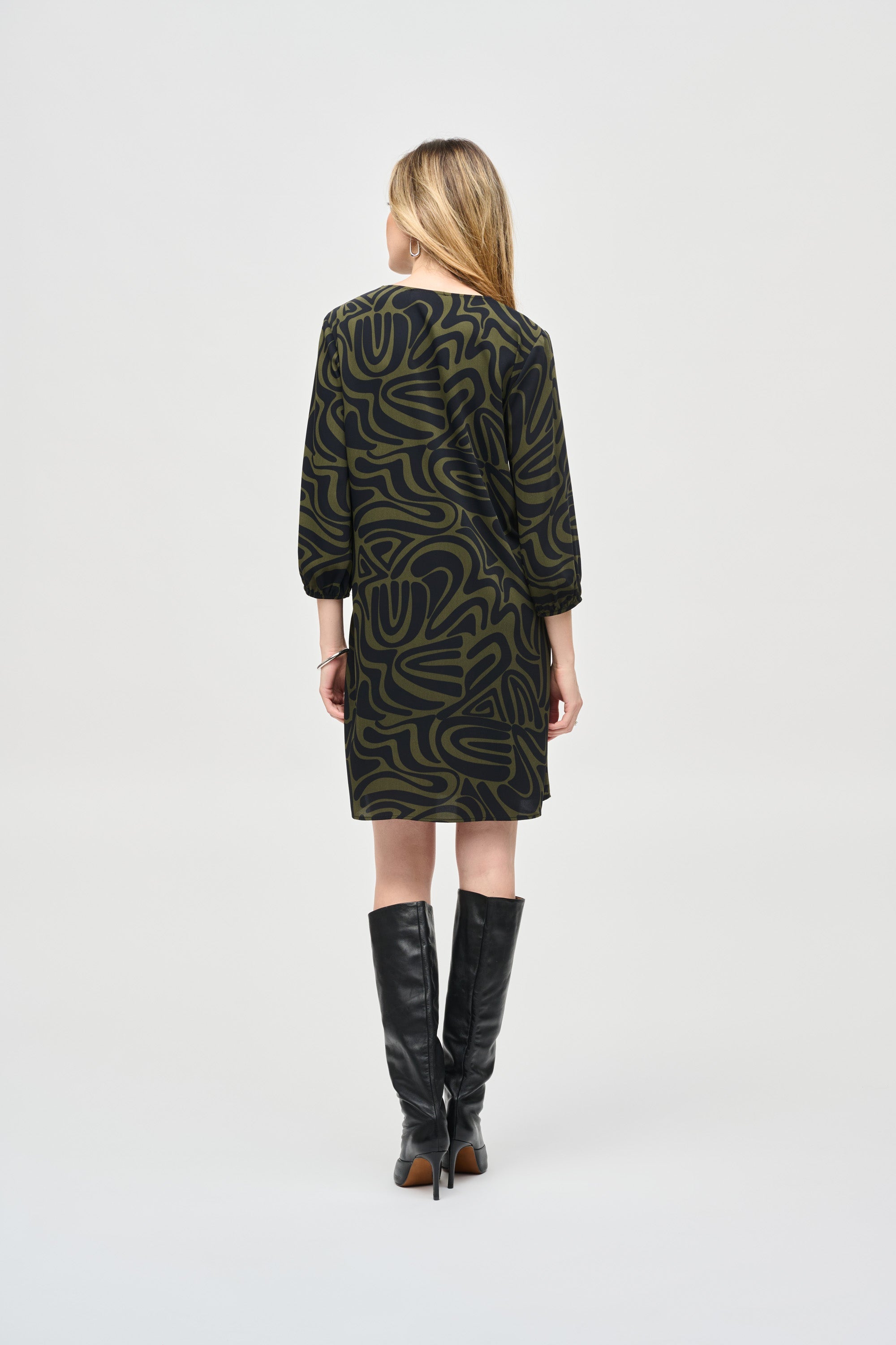 Back View Joseph Ribkoff (243154) Woven Abstract Print 3/4 Puff Sleeve A-Line Dress in Black/Green