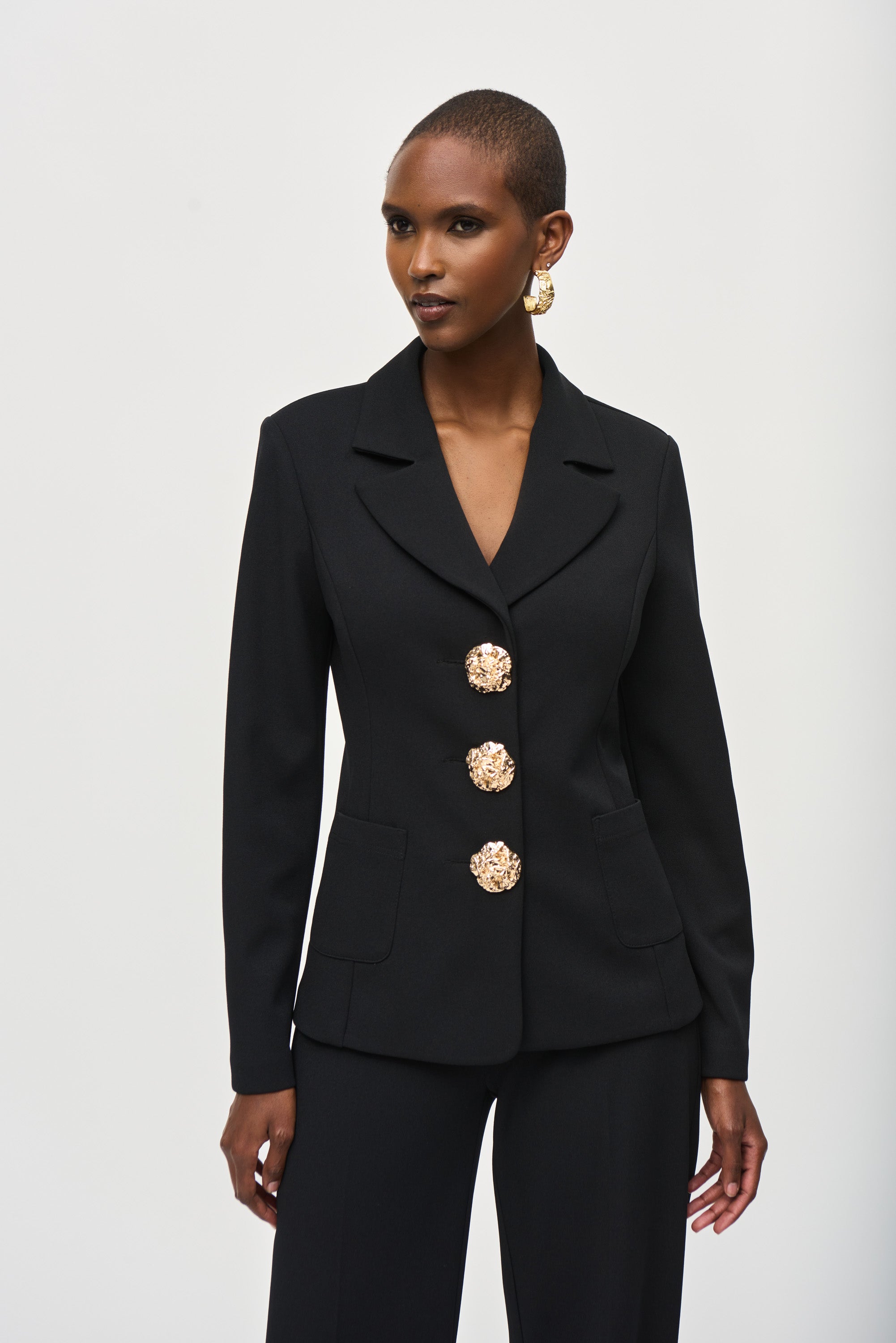 Joseph Ribkoff (243160) Classic Scuba Crepe Fitted Blazer With Golden Statement Buttons in Black