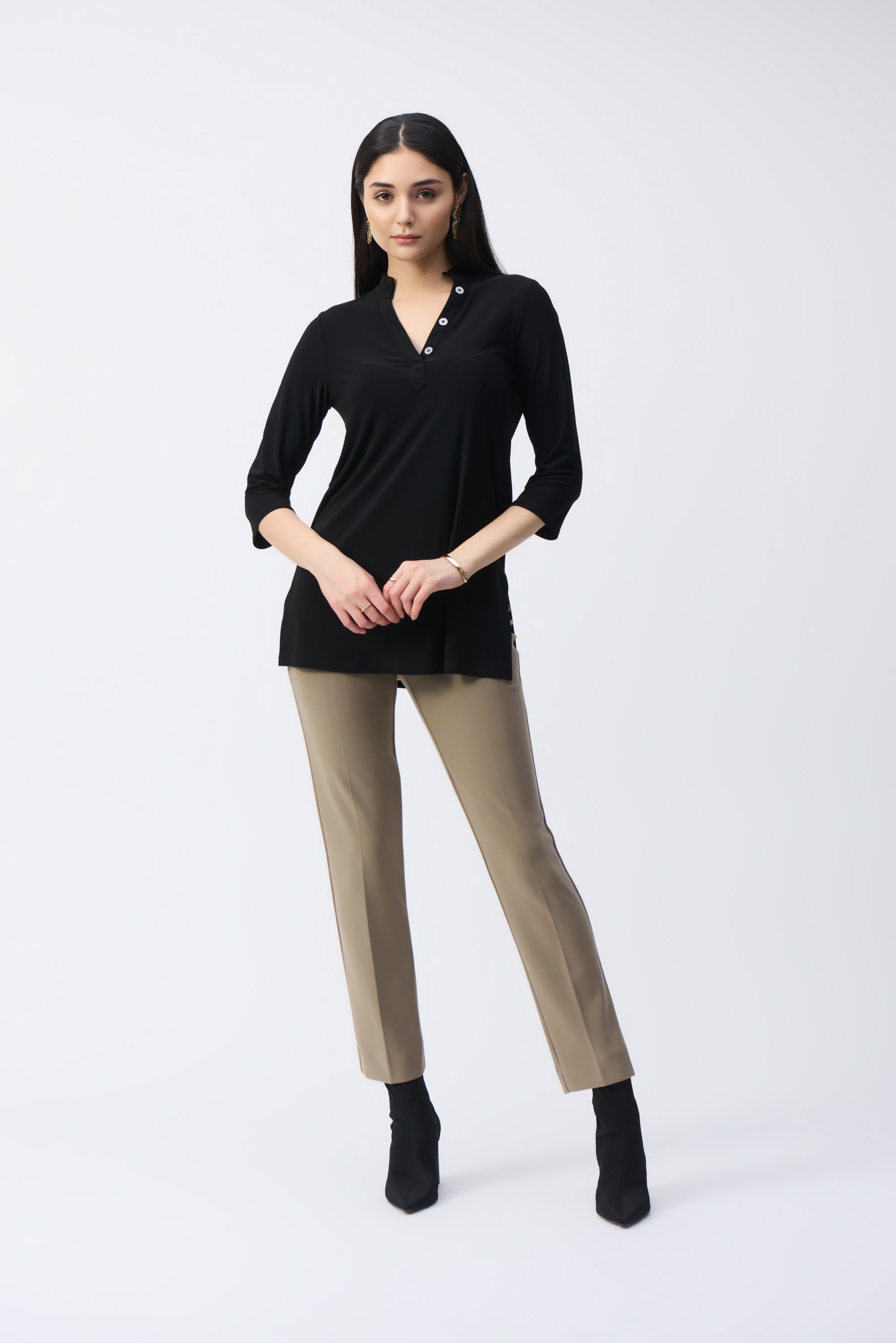 Joseph Ribkoff (243187) Women's 3/4 Sleeve Tunic Top with Mandarin collar with button placket in Black