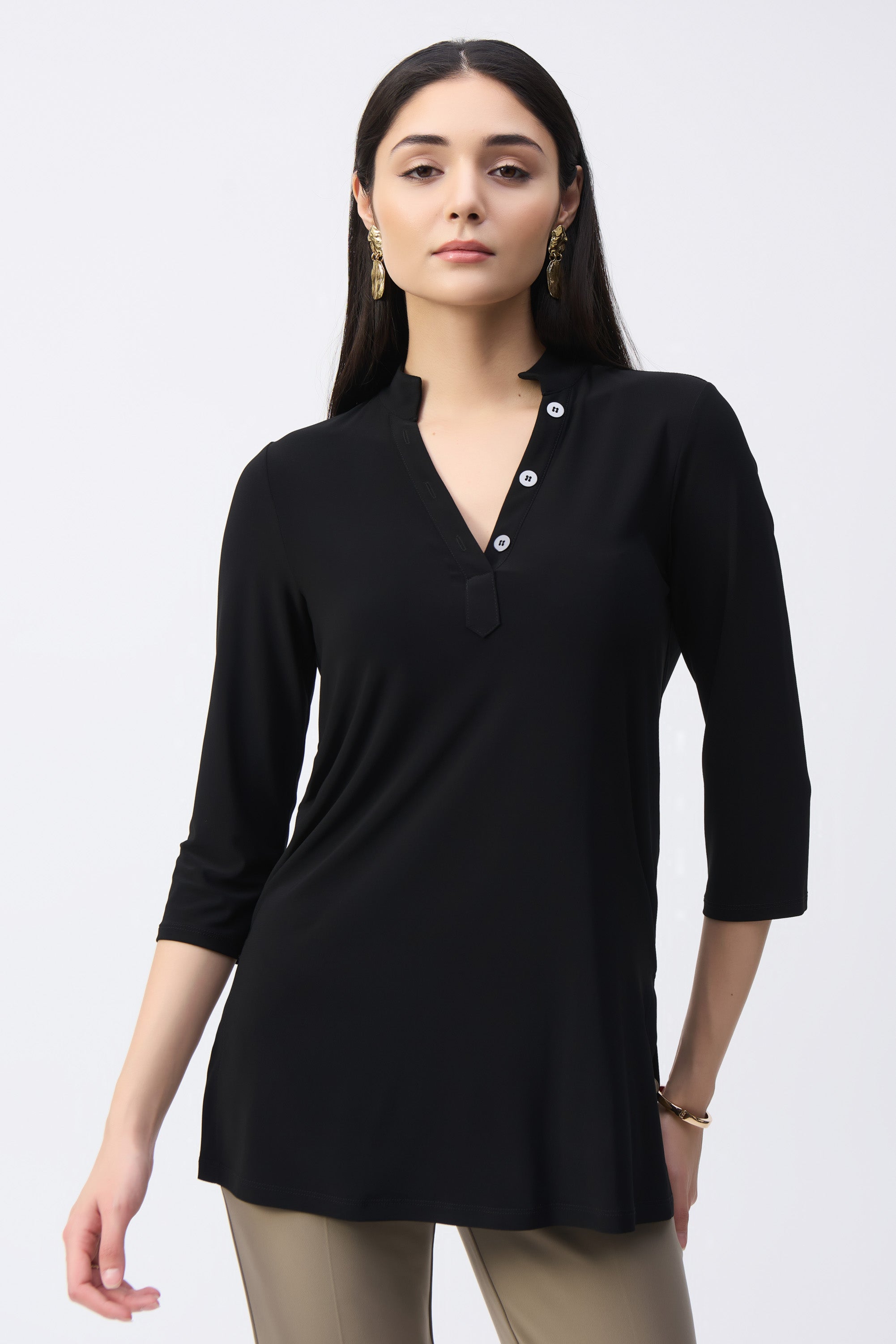 Joseph Ribkoff (243187) Women's 3/4 Sleeve Tunic Top with Mandarin collar with button placket in Black