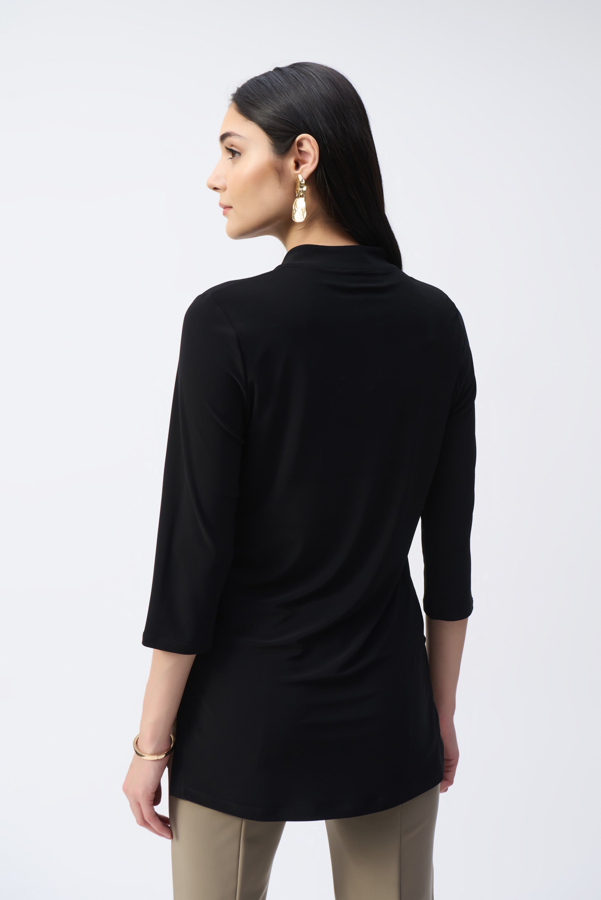 Back view of Joseph Ribkoff (243187) Women's 3/4 Sleeve Tunic Top with Mandarin collar with button placket in Black