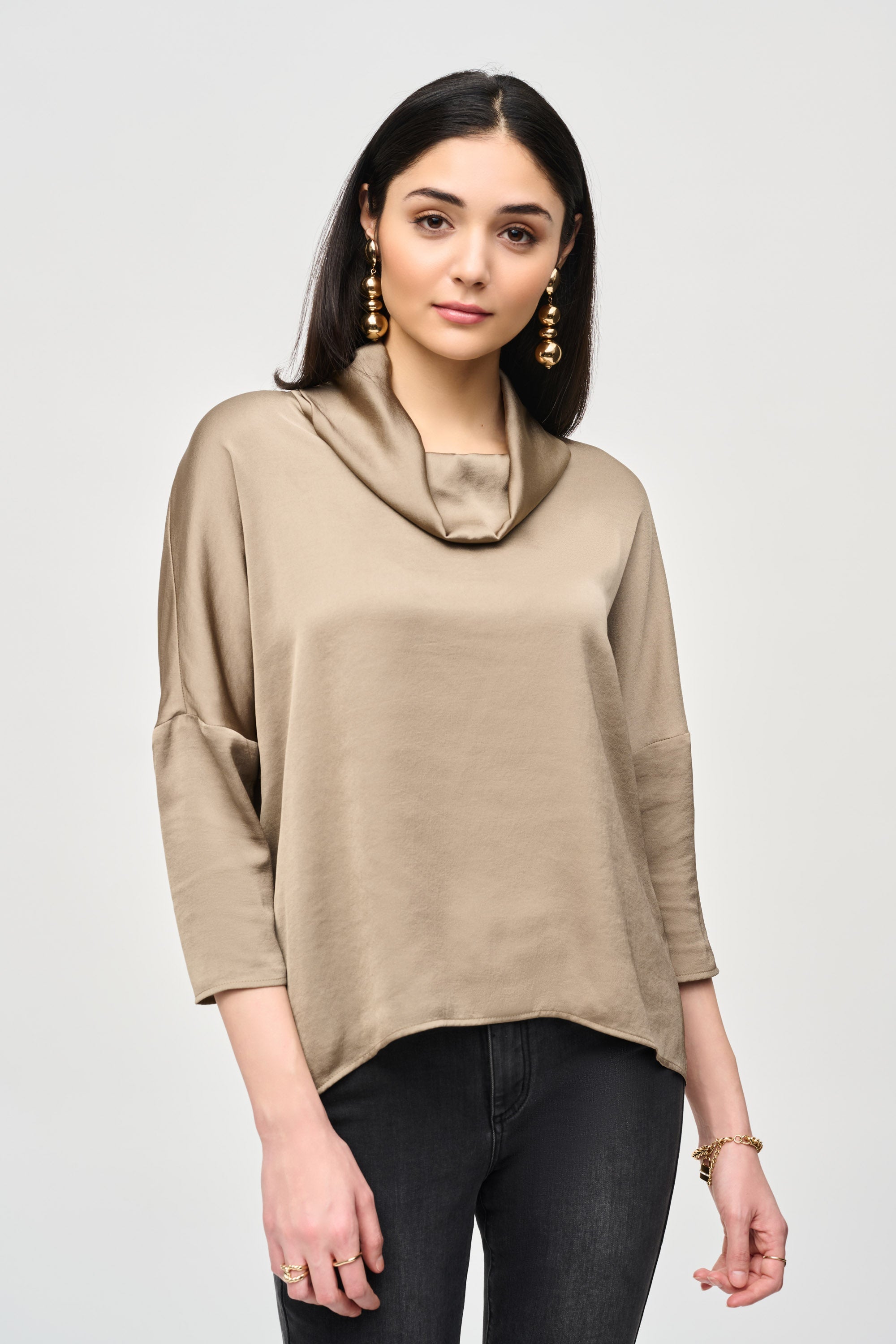 Joseph Ribkoff (243189) Women's 3/4 Sleeve Satin Cowl Neck Top with Drop Shoulders and High Low Hem in Java - Light Brown