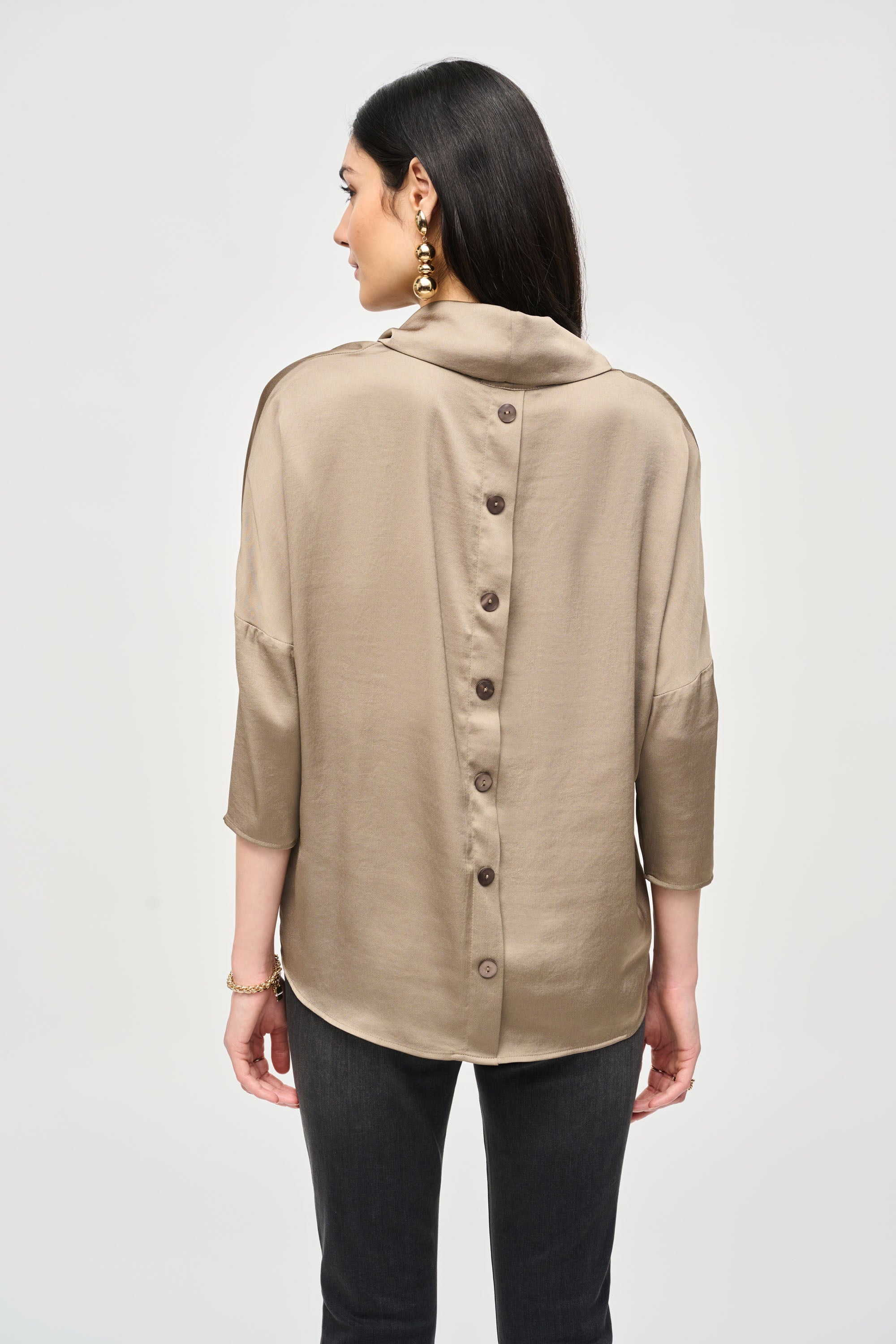 Back view of Joseph Ribkoff (243189) Women's 3/4 Sleeve Satin Cowl Neck Top with Drop Shoulders and High Low Hem in Java - Light Brown