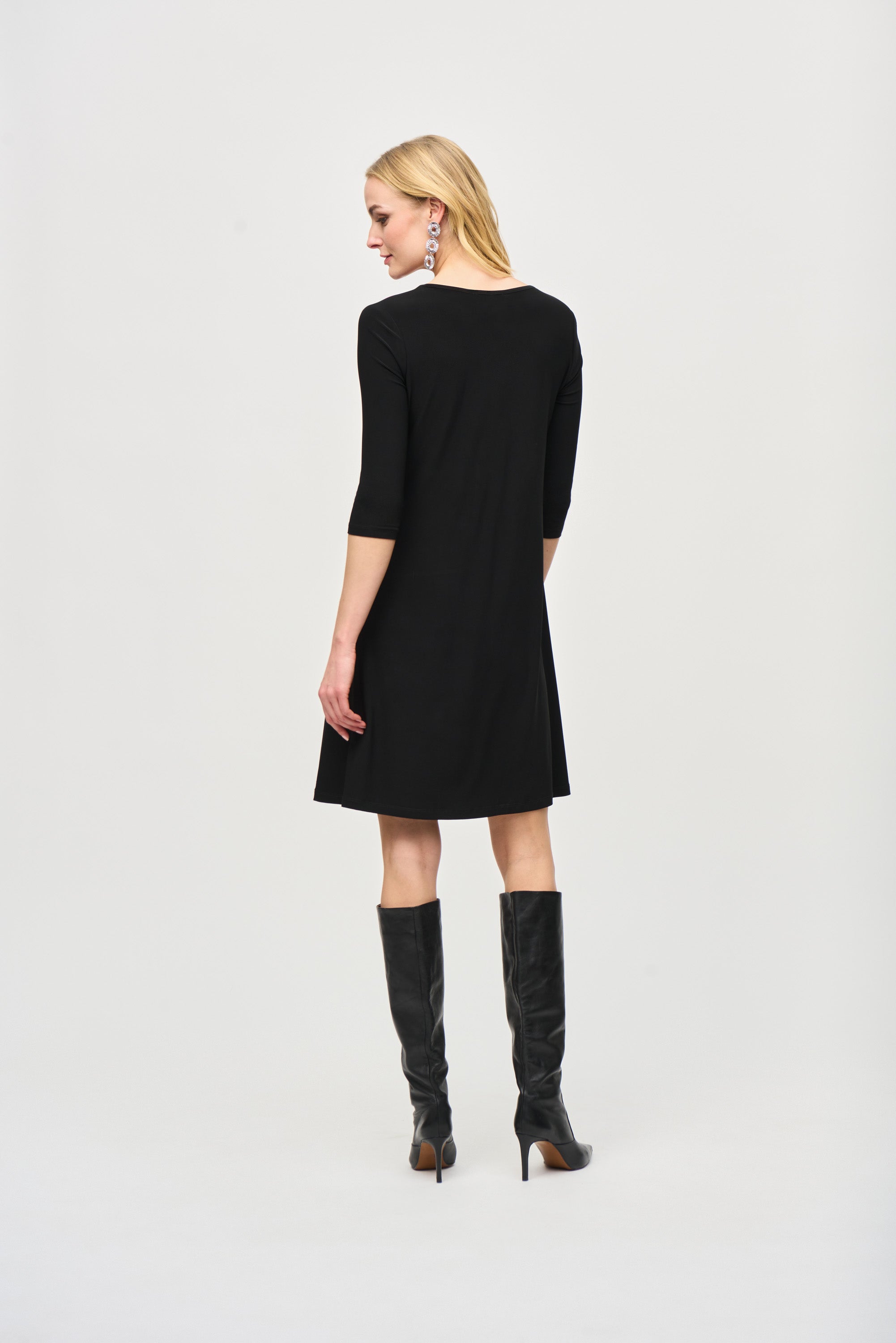 Back view of Joseph Ribkoff (243210) Women's 3/4 Sleeve Silky Knit Colour-Block Mini Dress with Leatherette Patch Pocket in Black