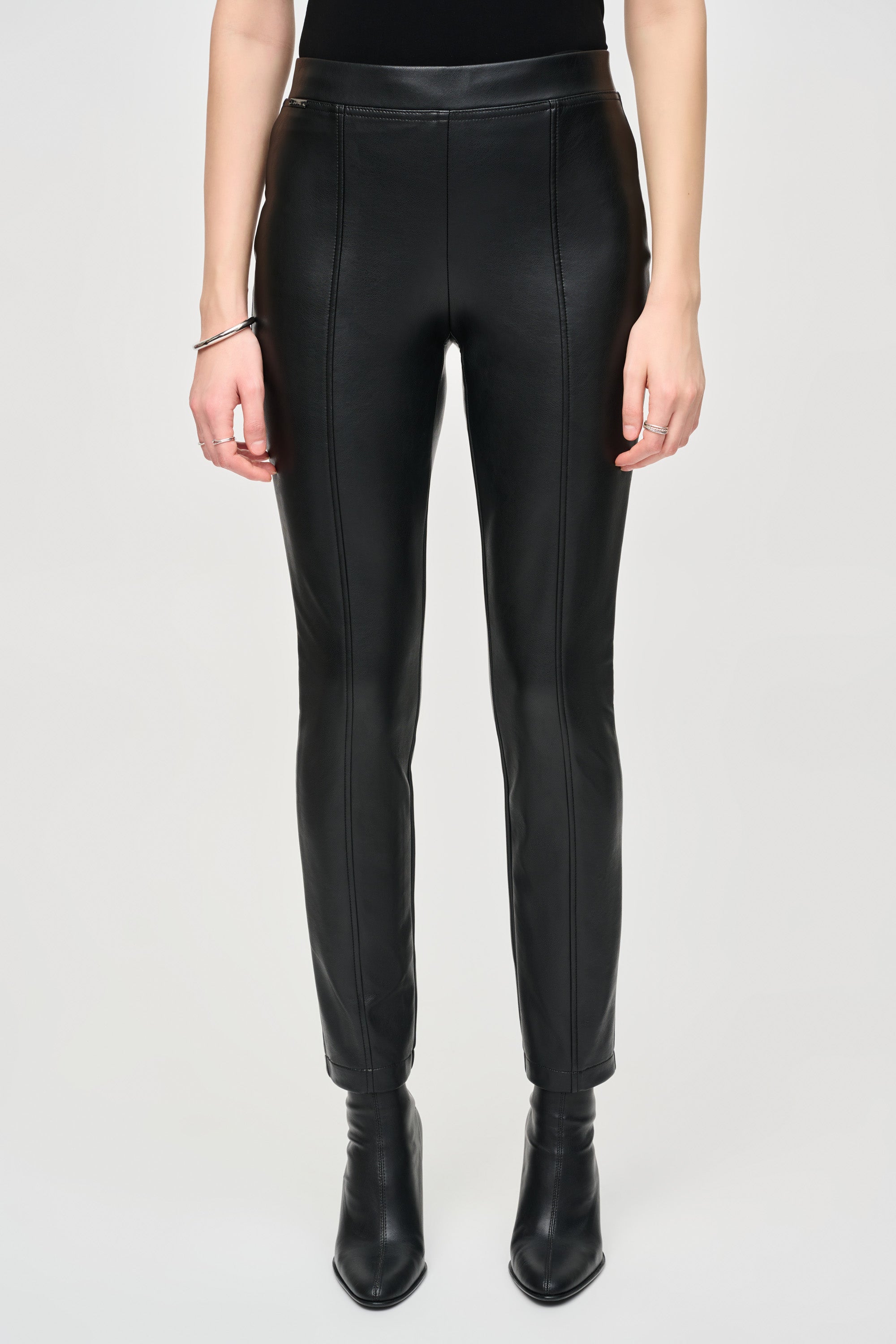 Front view of Joseph Ribkoff (243220) Women's  Faux Leather Slim fit Pull-On Pants in Black