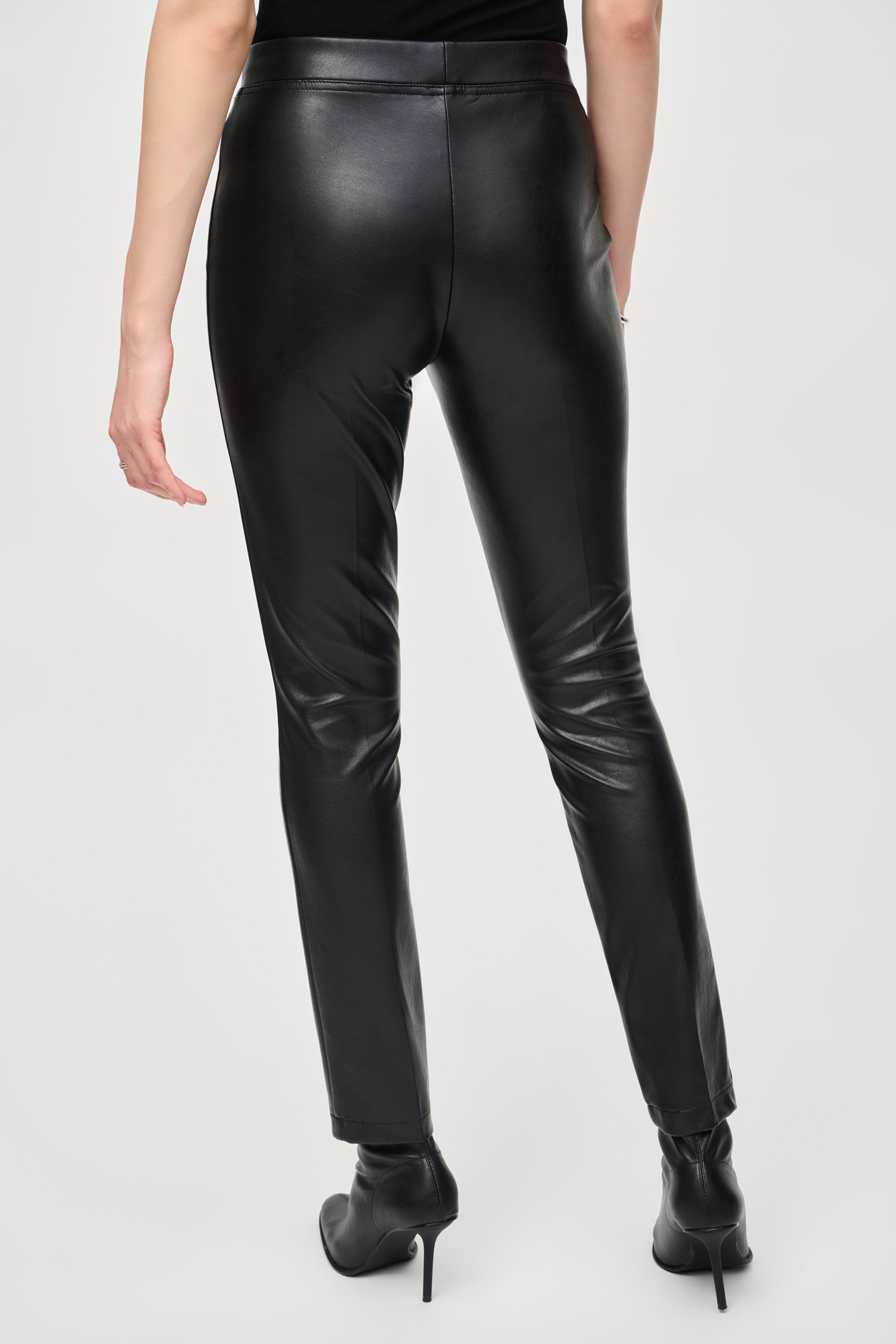 Back view of Joseph Ribkoff (243220) Women's  Faux Leather Slim fit Pull-On Pants in Black