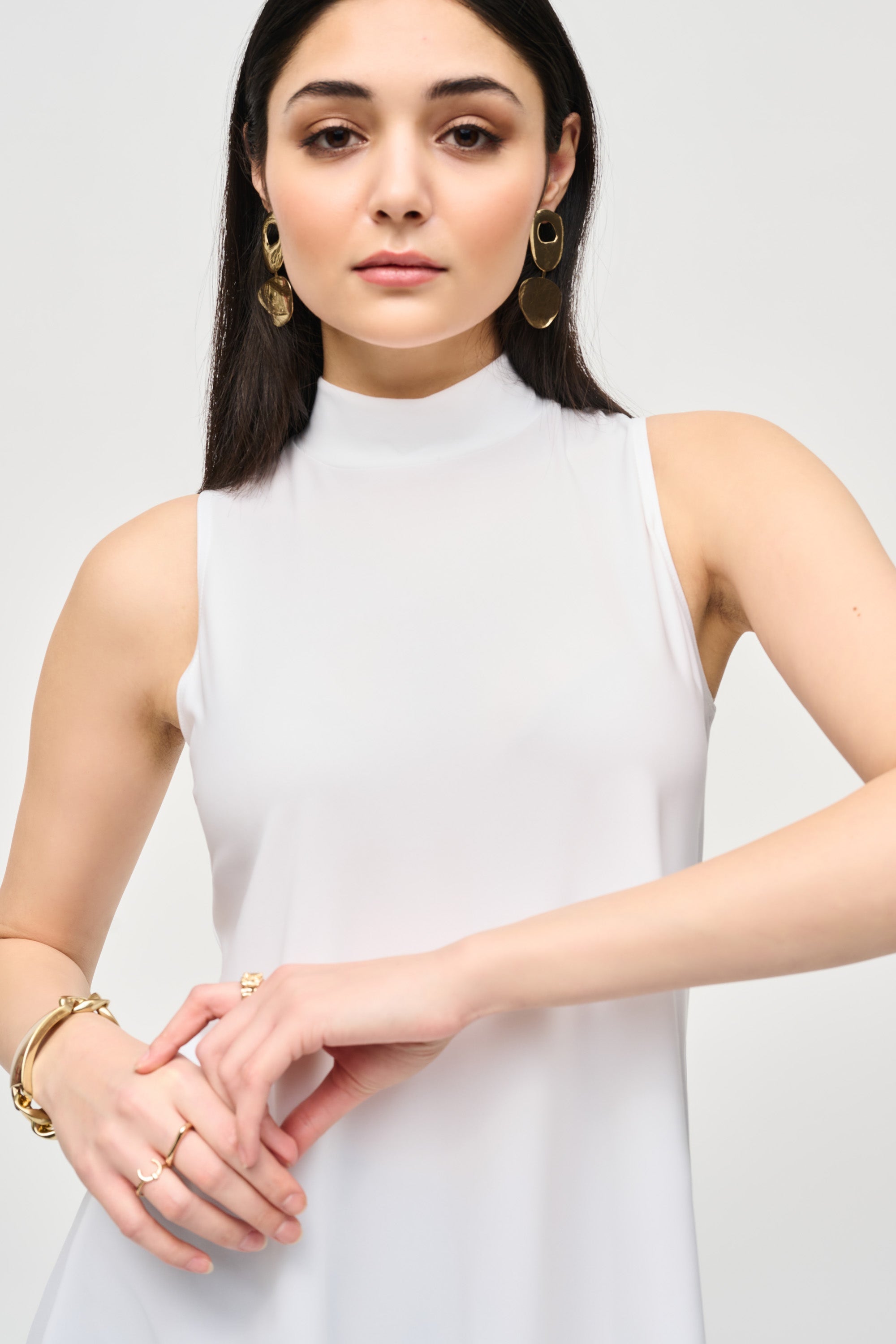 Front close up of Joseph Ribkoff (243253) Silky Knit Fit and Flare Sleeveless Top in White