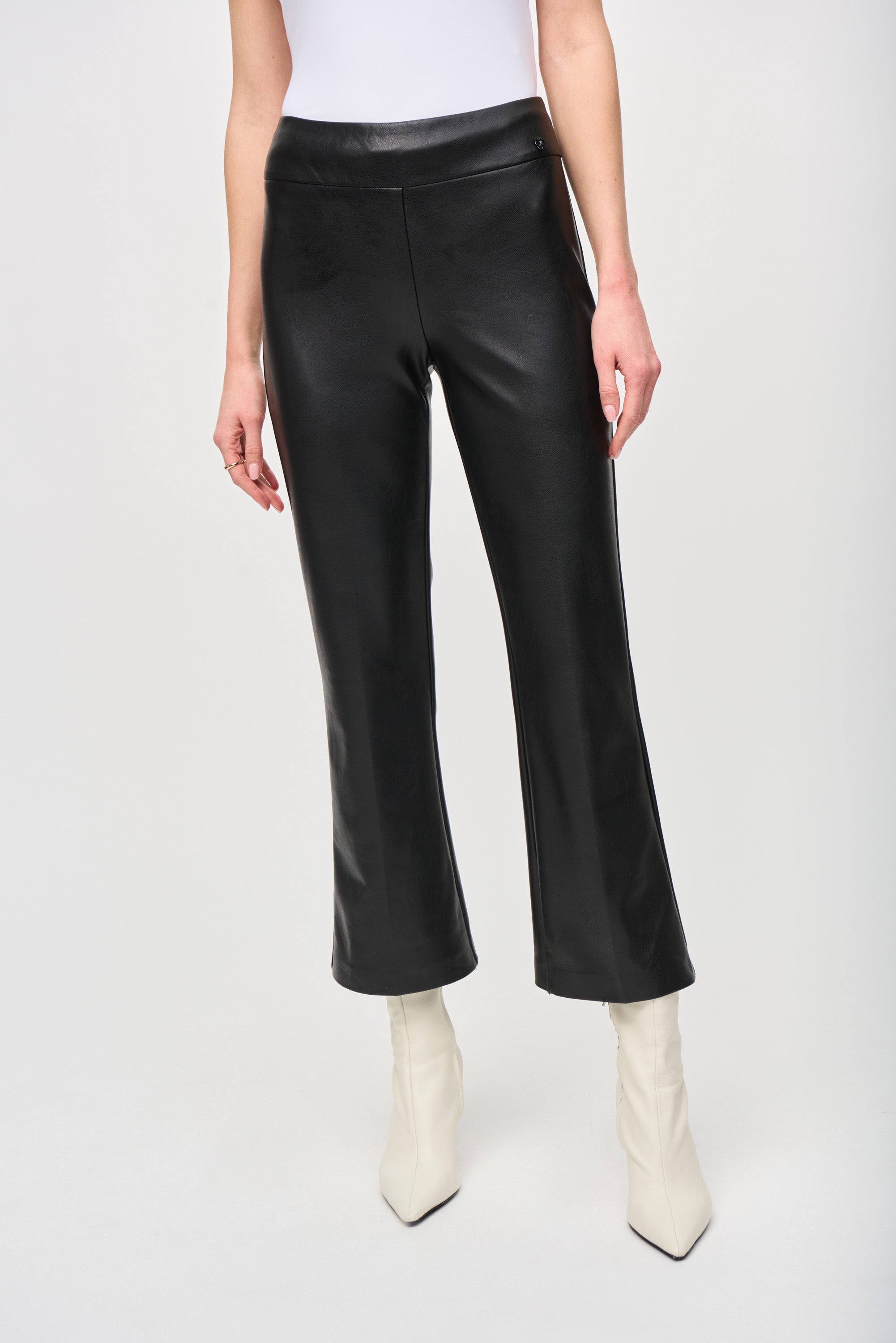 Joseph Ribkoff (243260) Women's Black Faux Leather Cropped & Flared Pull-On Pants