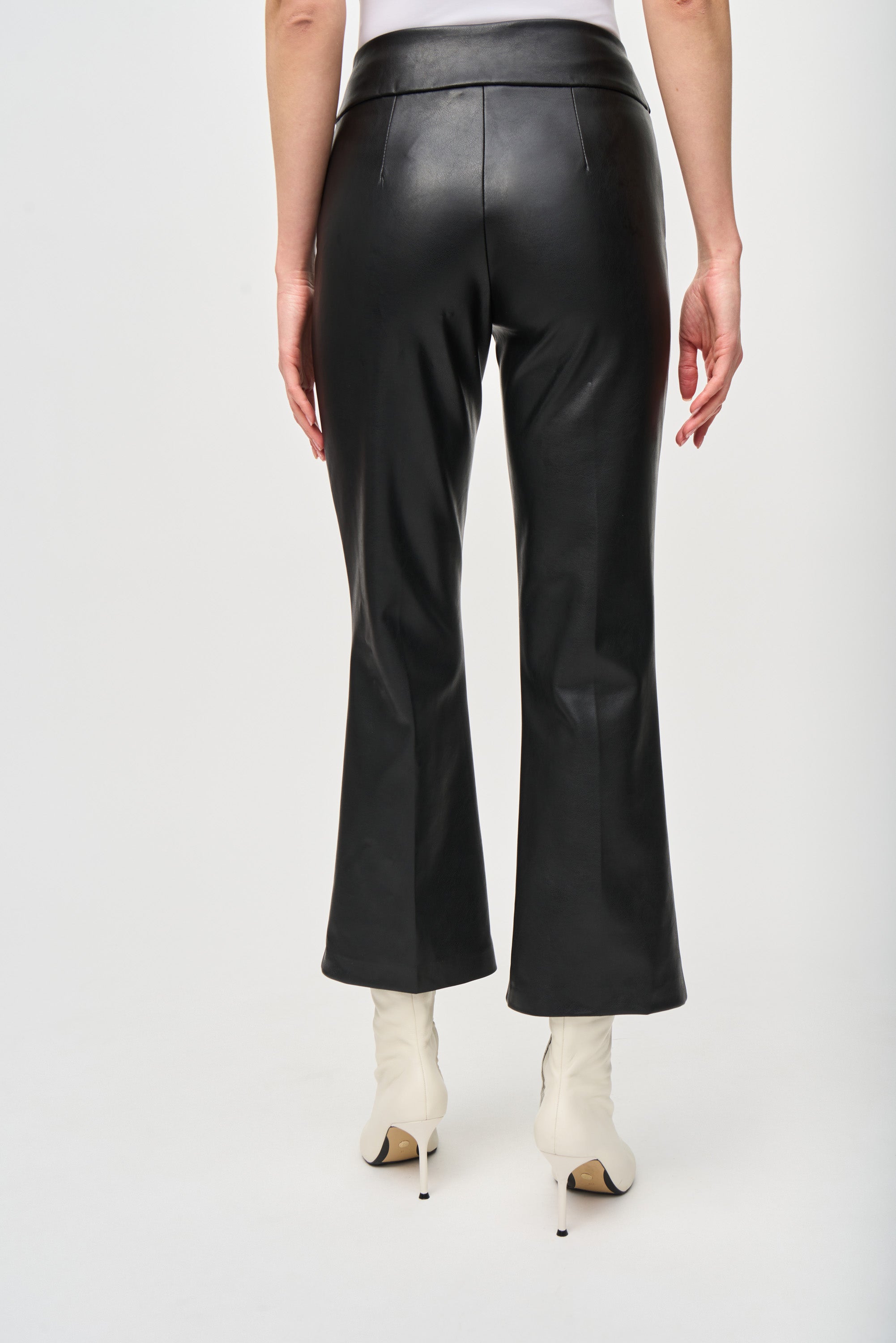 Back view of Joseph Ribkoff (243260) Women's Black Faux Leather Cropped & Flared Pull-On Pants