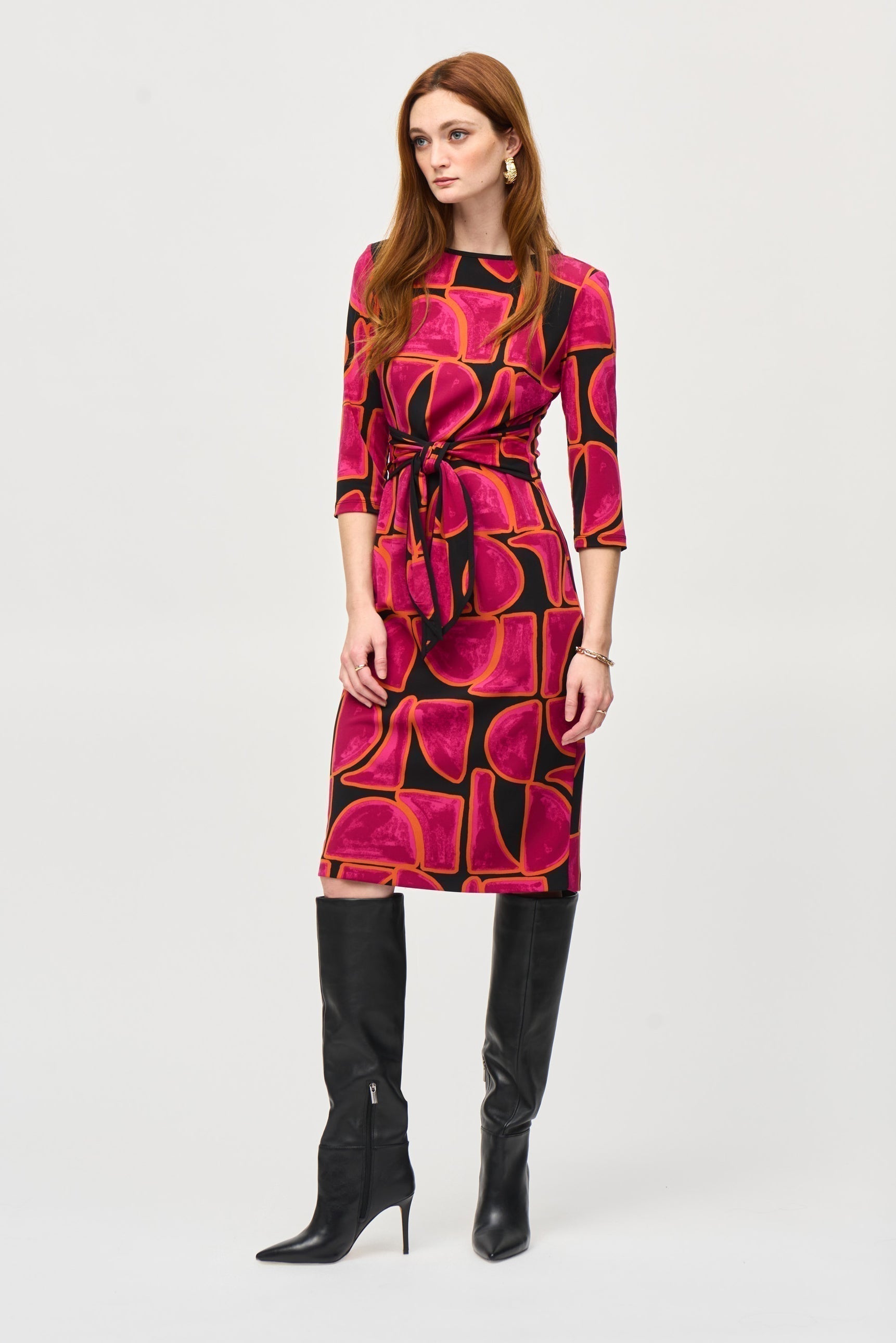 Joseph Ribkoff (243297) 3/4 Sleeve Silky Knit Sheath  Midi Dress with Front Tie in Pink & Black Abstract Print