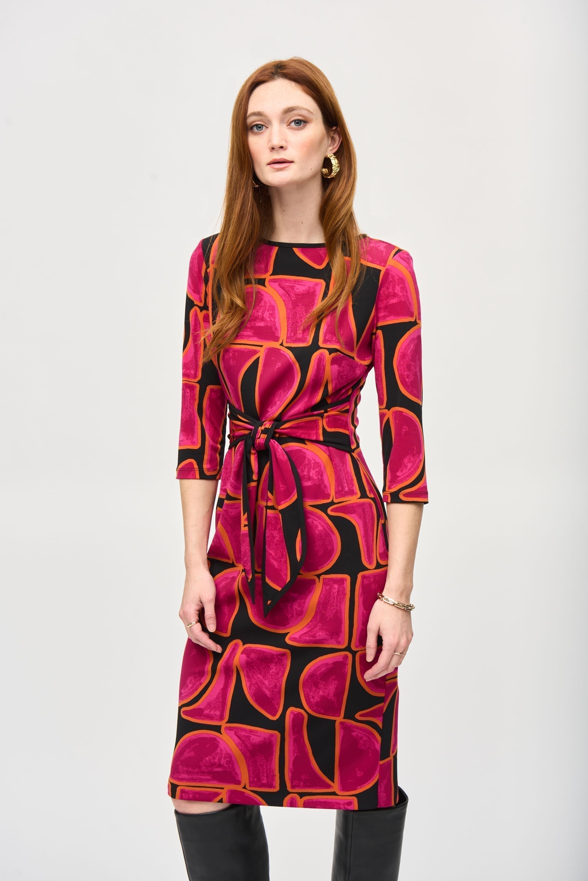 Joseph Ribkoff (243297) 3/4 Sleeve Silky Knit Sheath  Midi Dress with Front Tie in Pink & Black Abstract Print