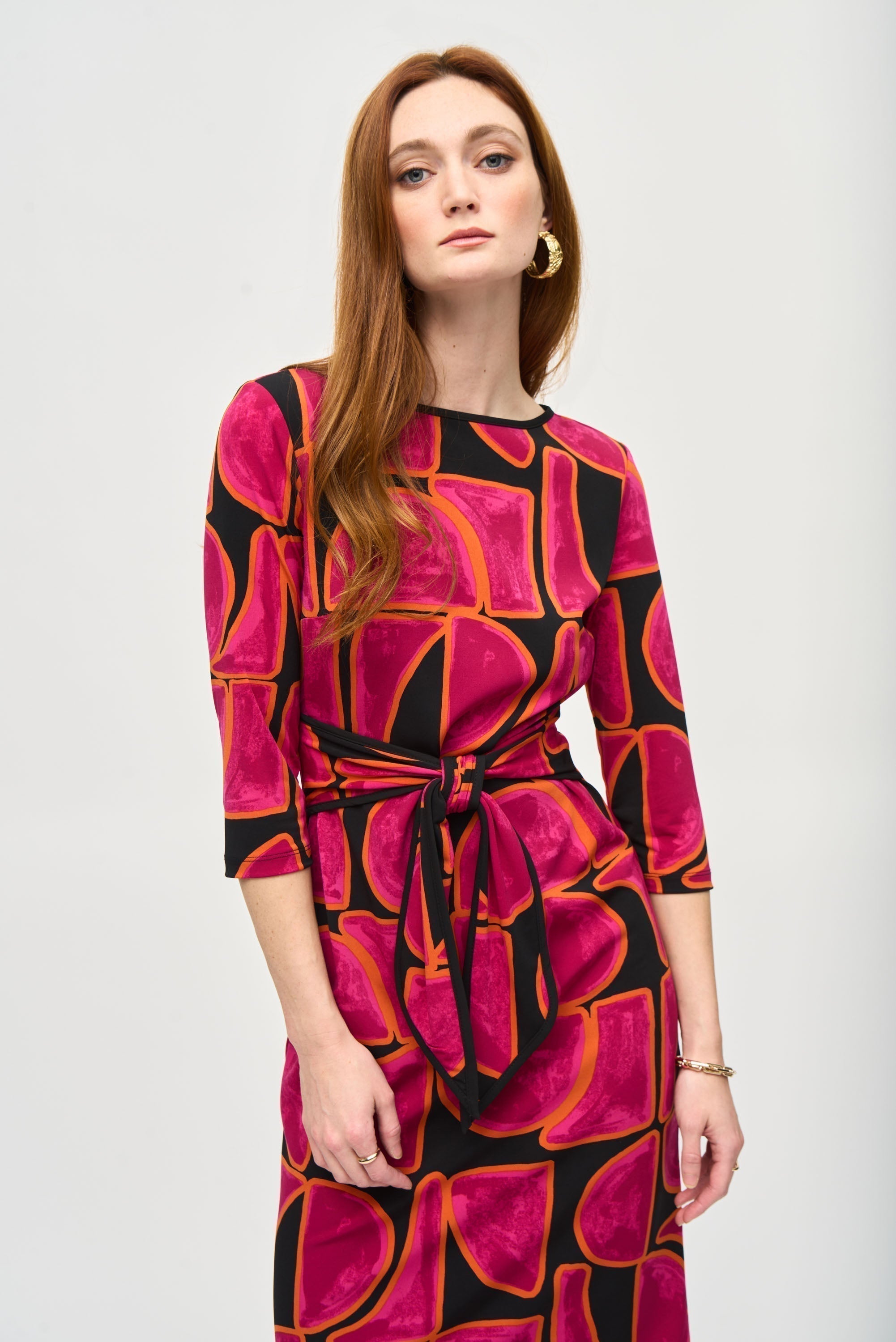 Joseph Ribkoff (243297) 3/4 Sleeve Silky Knit Sheath  Midi Dress with Front Tie in Pink & Black Abstract Print