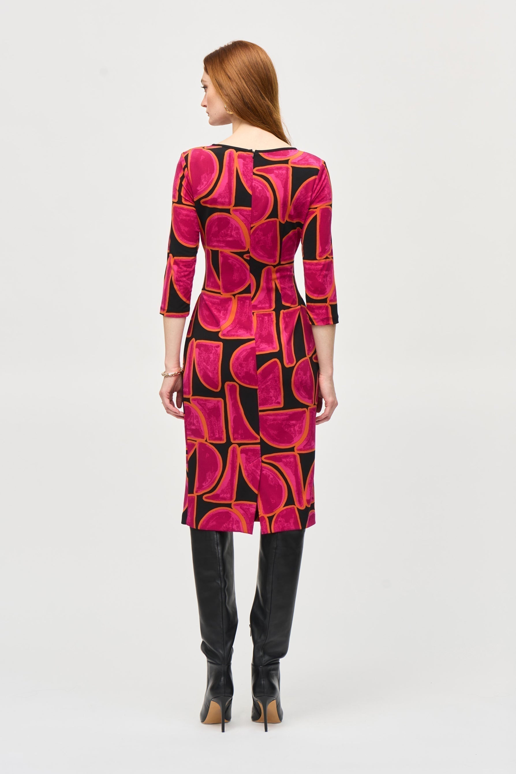 Joseph Ribkoff (243297) 3/4 Sleeve Silky Knit Sheath  Midi Dress with Front Tie in Pink & Black Abstract Print