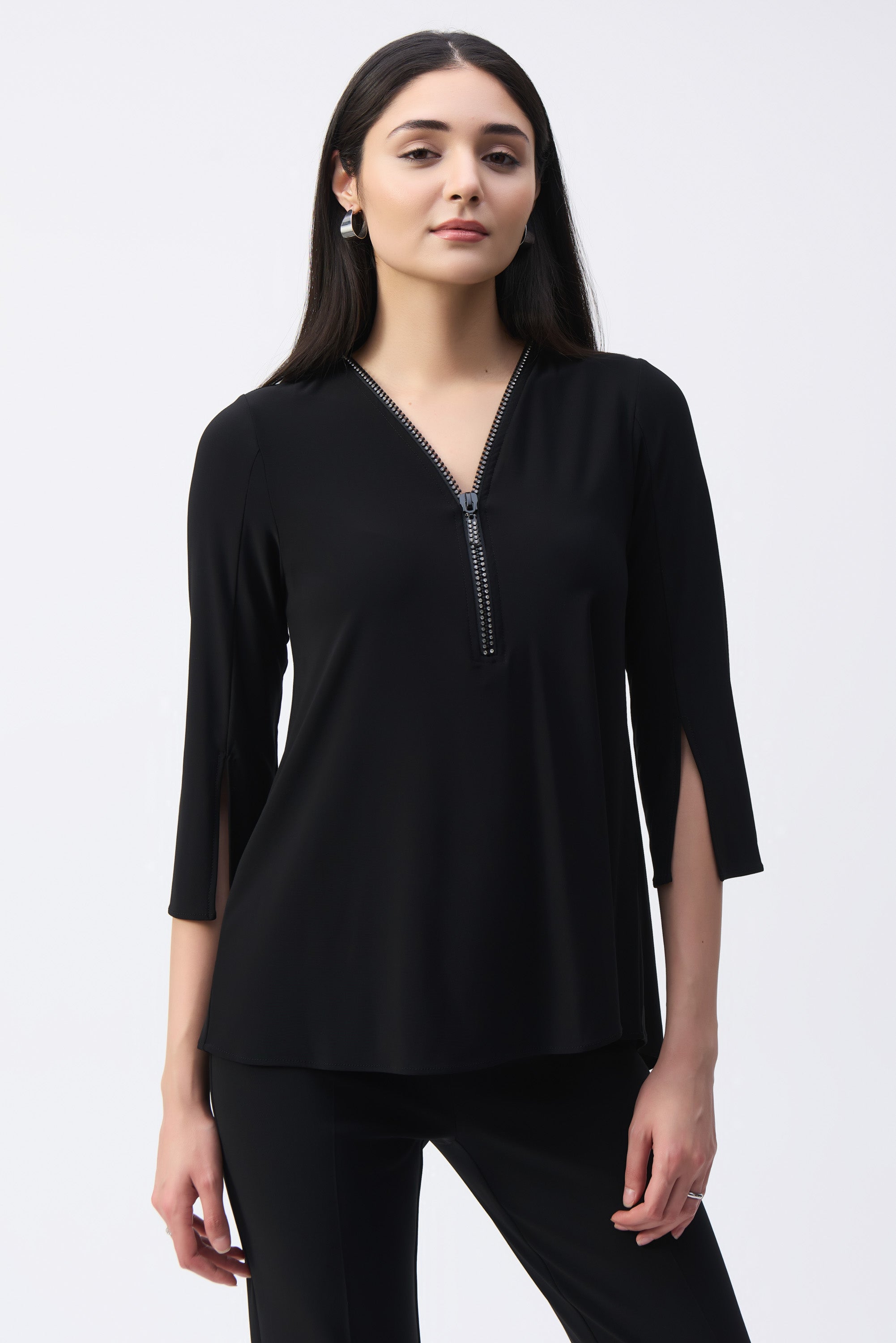 Joseph Ribkoff (243314) Women's 3/4Sleeve Rhinestone Zipper V-neck Top in Black