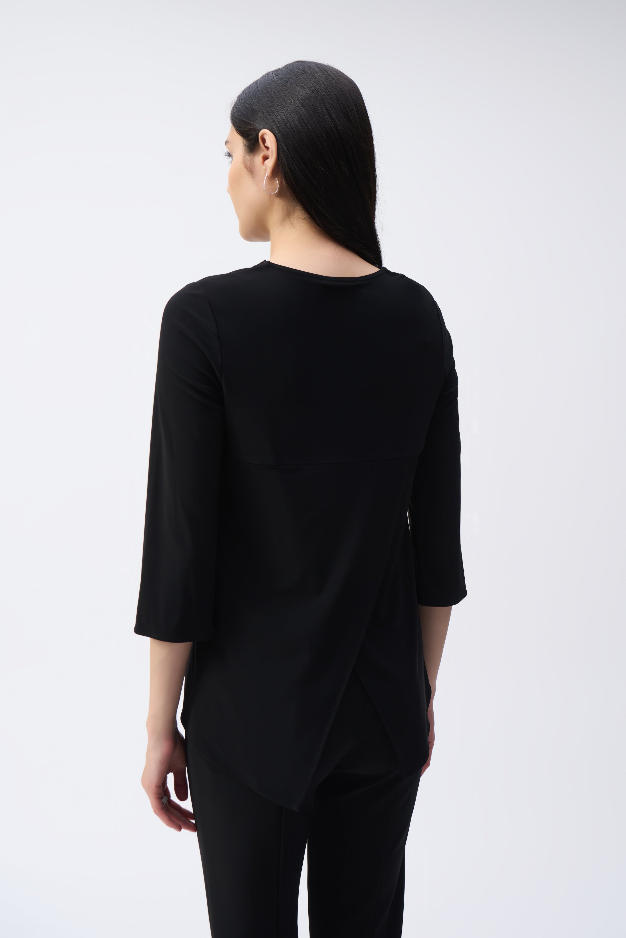 Back view of Joseph Ribkoff (243314) Women's 3/4Sleeve Rhinestone Zipper V-neck Top in Black