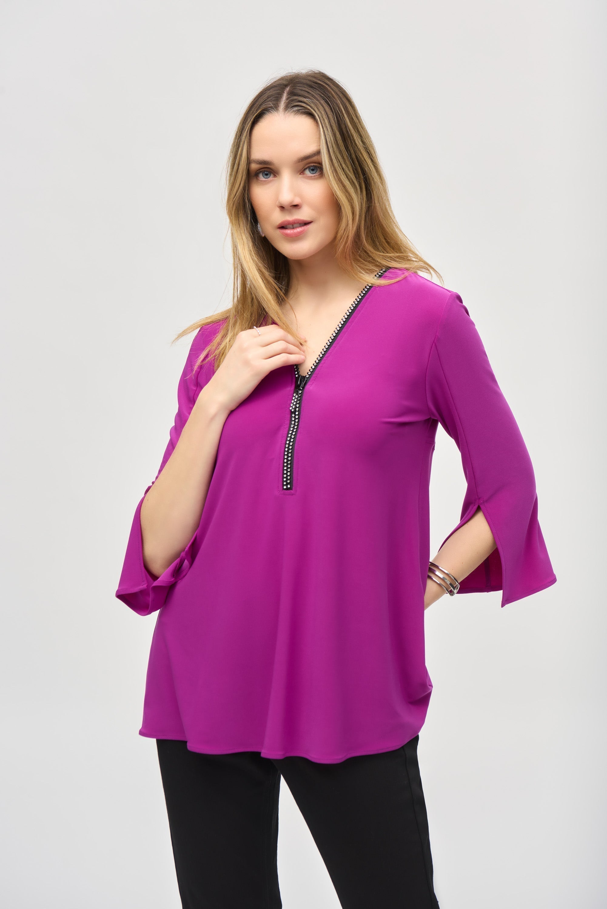 Joseph Ribkoff (243314) Women's 3/4Sleeve Rhinestone Zipper V-neck Top in Empress Purple