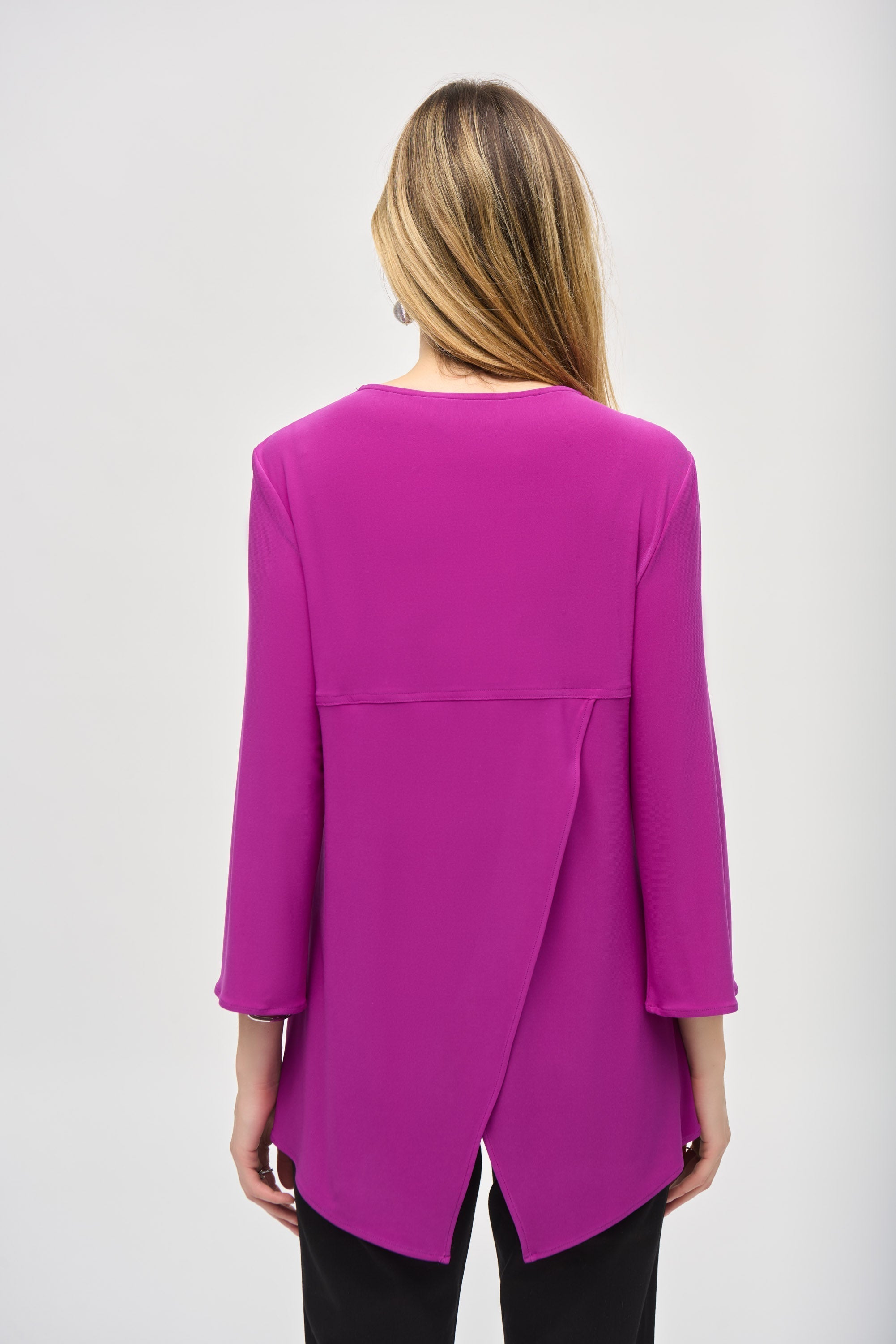 Back view of Joseph Ribkoff (243314) Women's 3/4Sleeve Rhinestone Zipper V-neck Top in Empress Purple