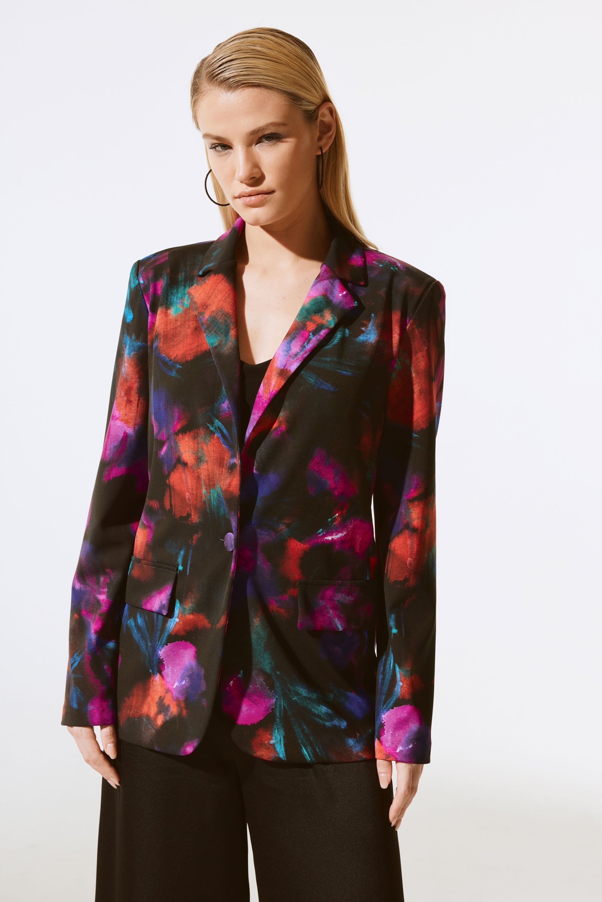 Silky Knit Floral Print Straight Blazer