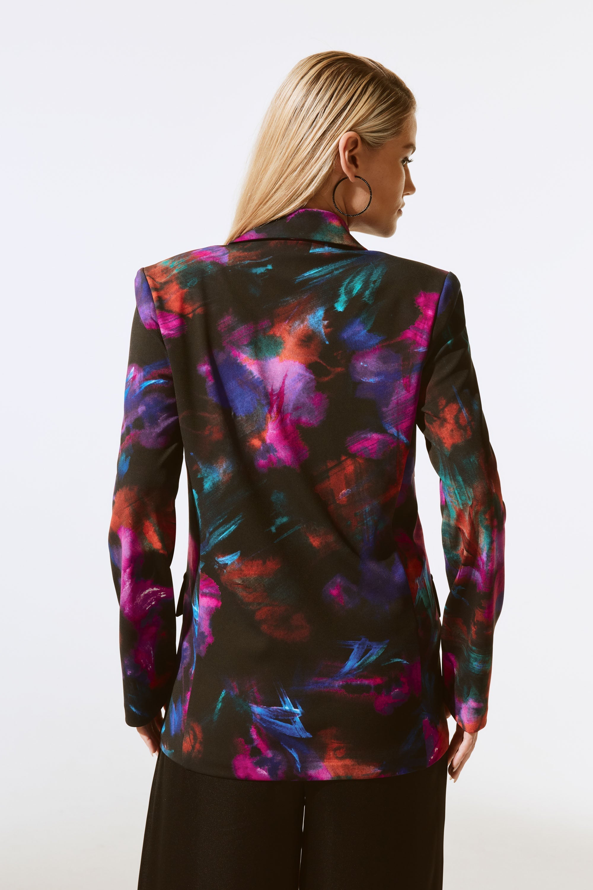 Back view of Joseph Ribkoff (243723) Women's Long Sleeve Silky Knit Floral Print Straight Blazer 