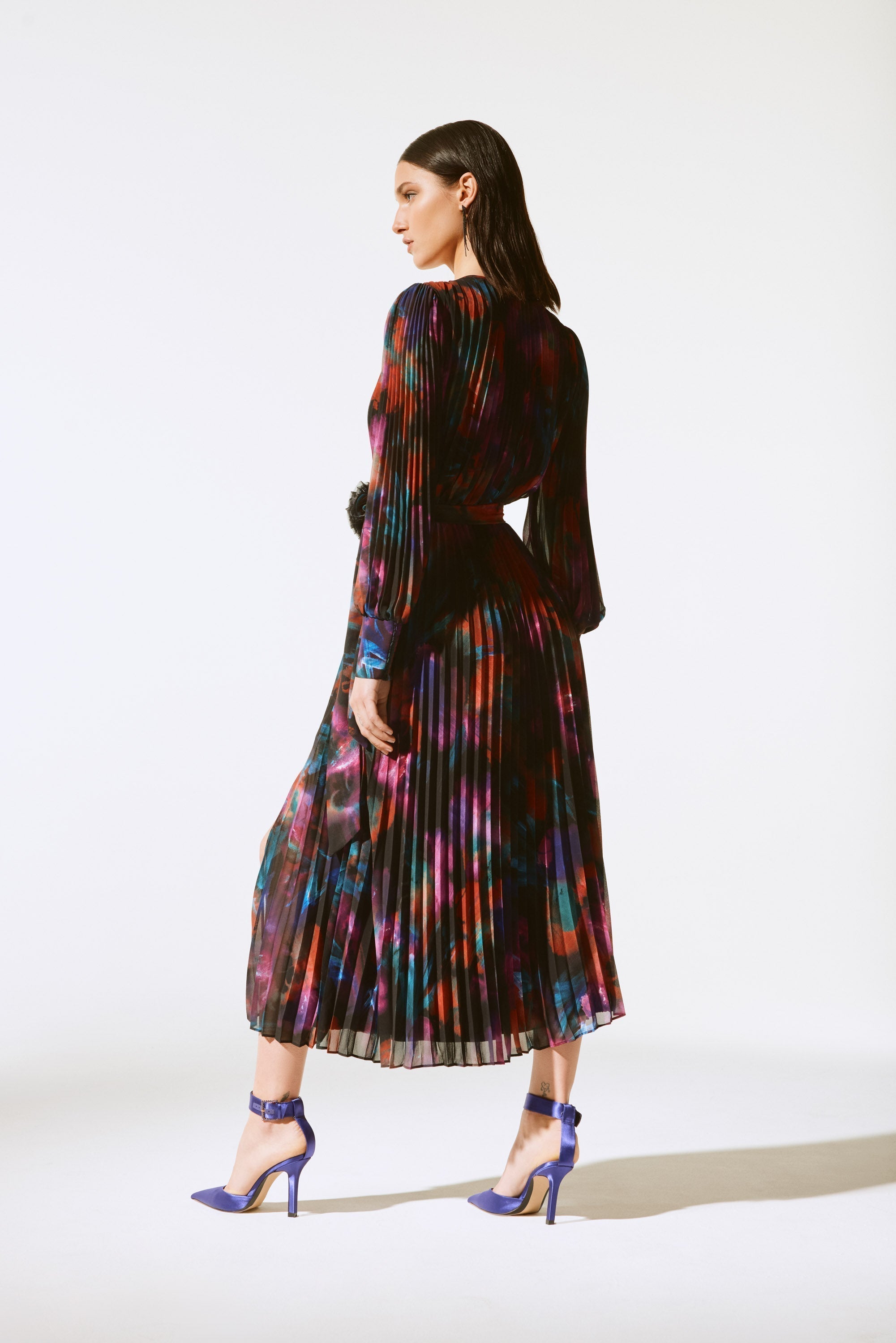 Back view of Joseph Ribkoff (243770X) Women's Long Puff Sleeve Pleated Midi Dress, in Jewel Tone Abstract Floral Print