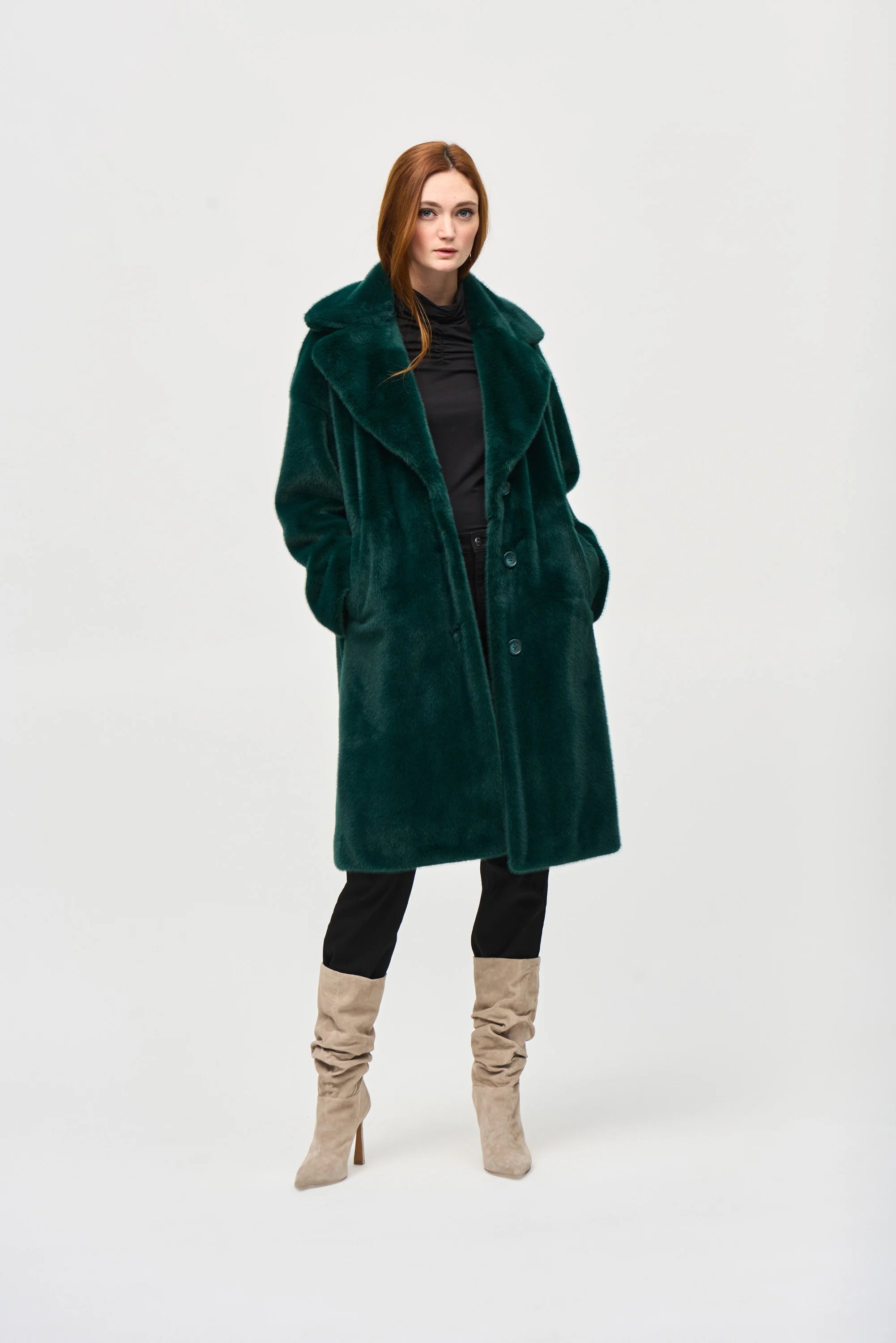 Joseph Ribkoff (243902) Women's Long Sleeve, Notch Lapel, Knee Length Faux Fur Straight Coat in Dark Green