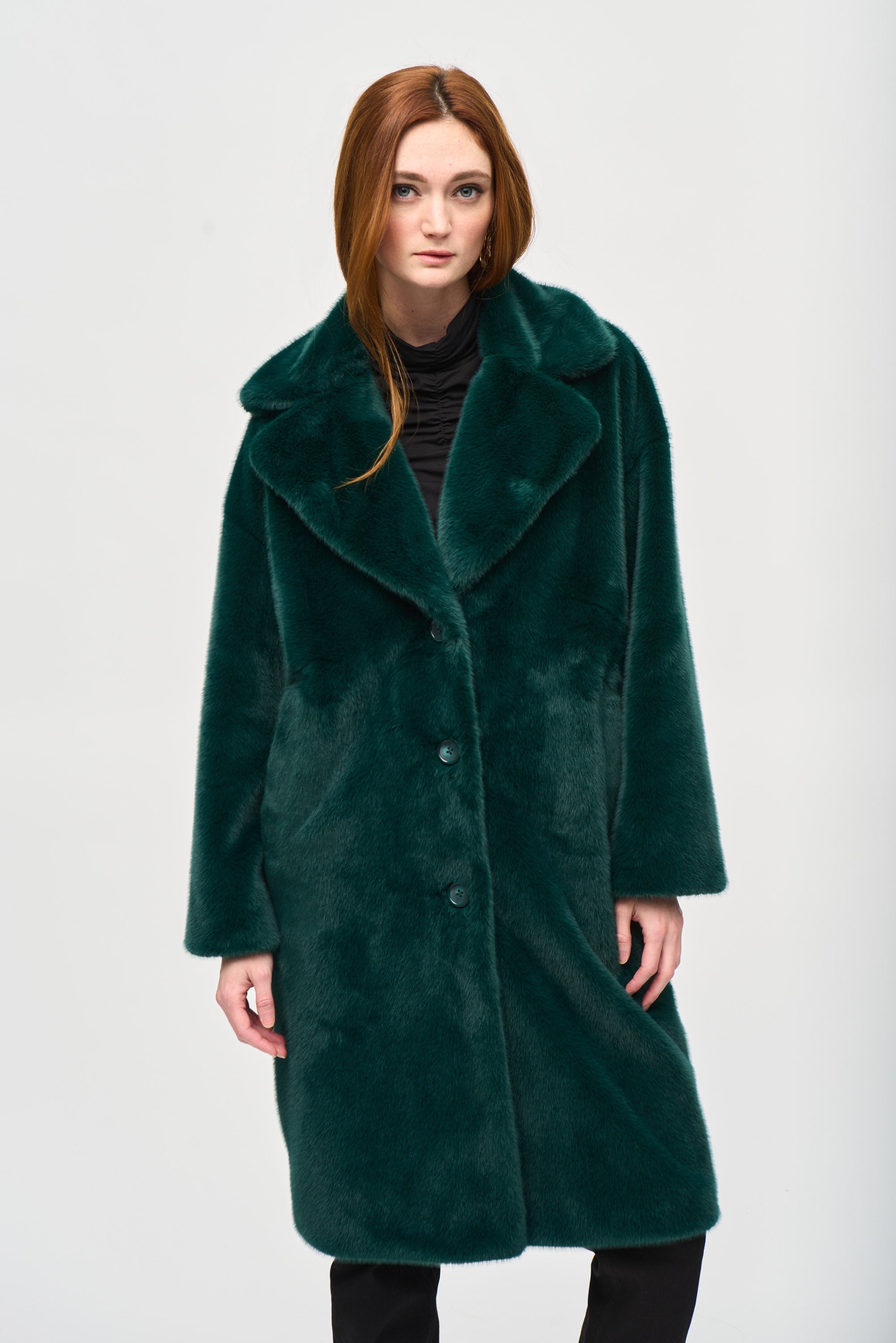 Joseph Ribkoff (243902) Women's Long Sleeve, Notch Lapel, Knee Length Faux Fur Straight Coat in Dark Green