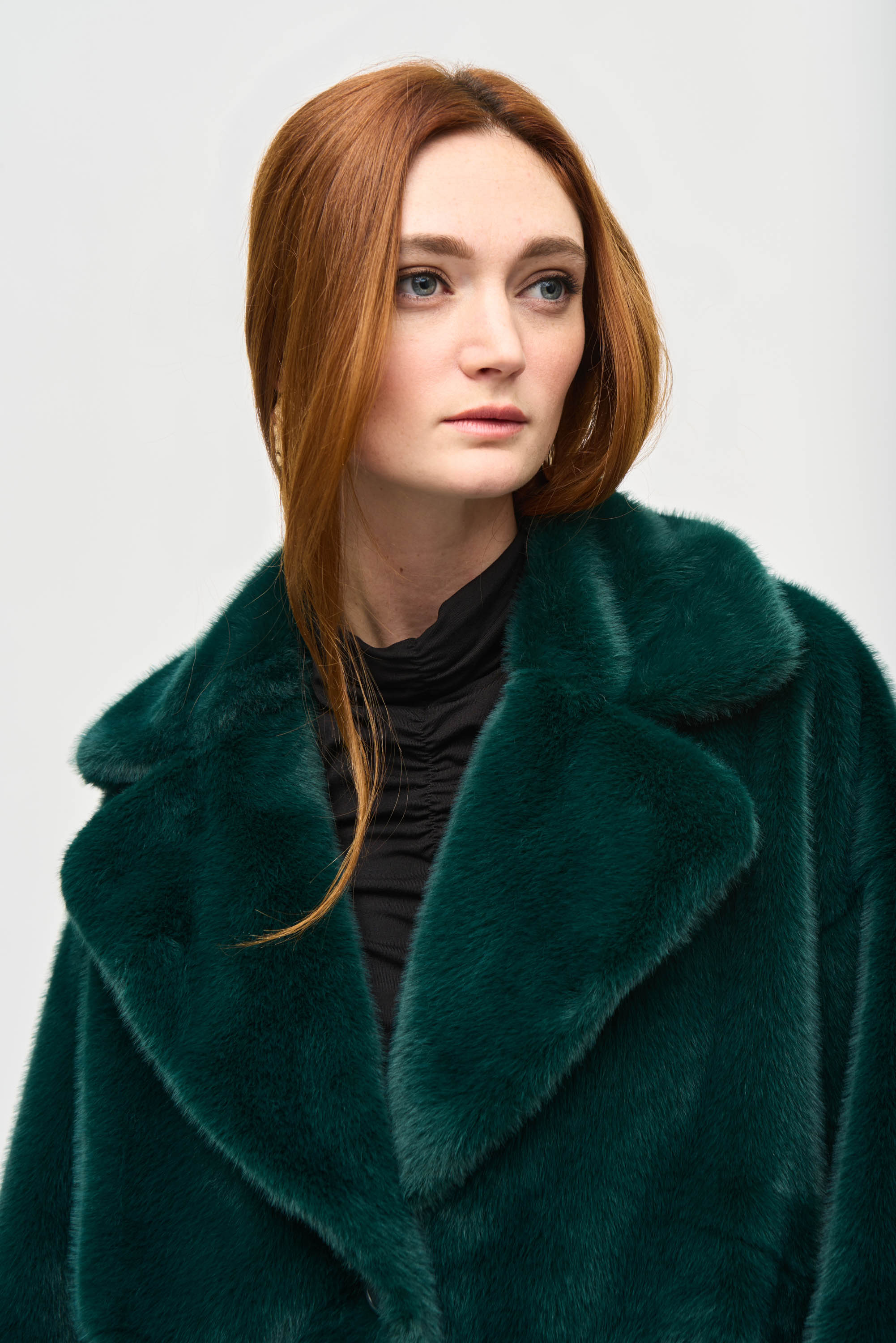 Joseph Ribkoff (243902) Women's Long Sleeve, Notch Lapel, Knee Length Faux Fur Straight Coat in Dark Green