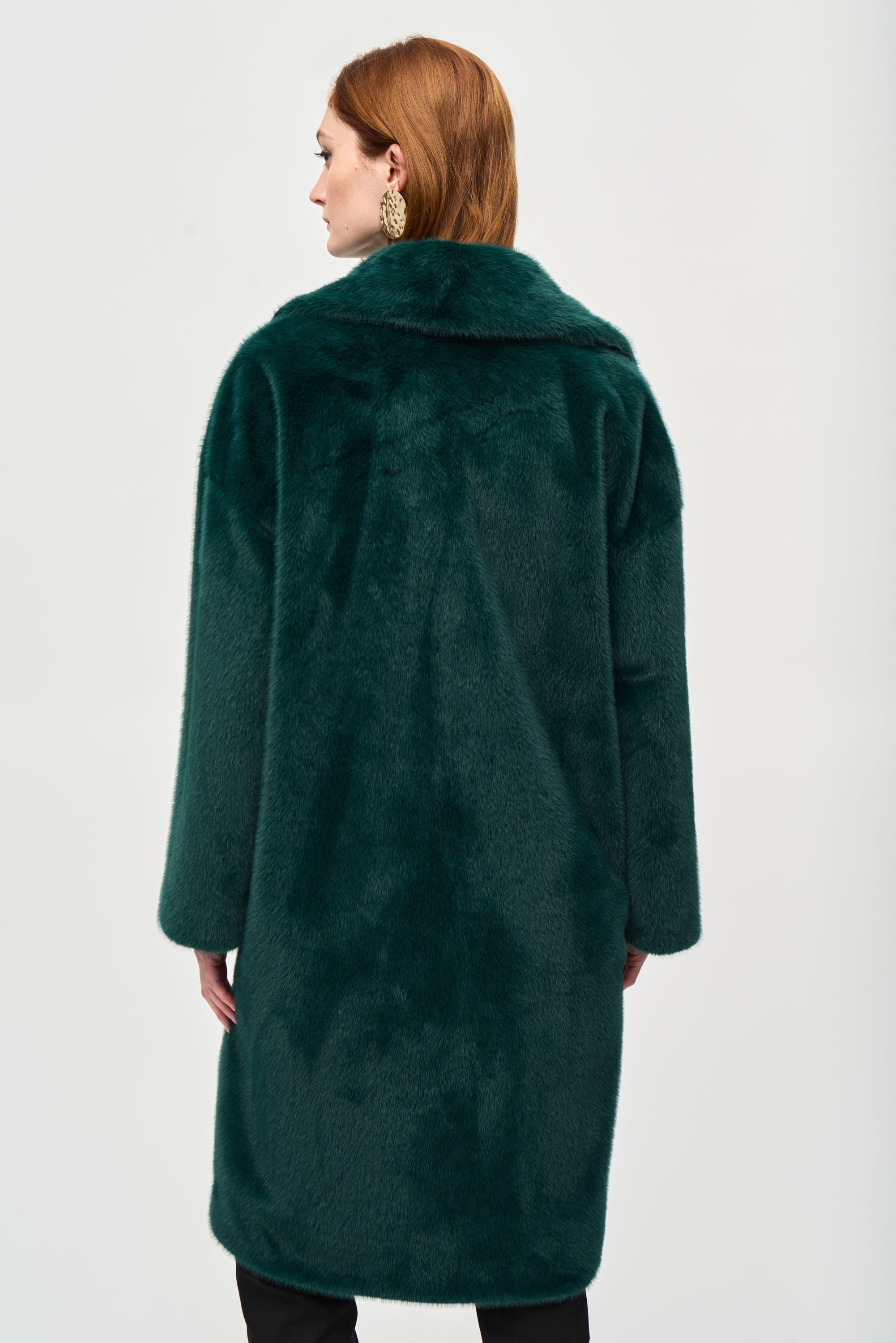 Back view of Joseph Ribkoff (243902) Women's Long Sleeve, Notch Lapel, Knee Length Faux Fur Straight Coat in Dark Green