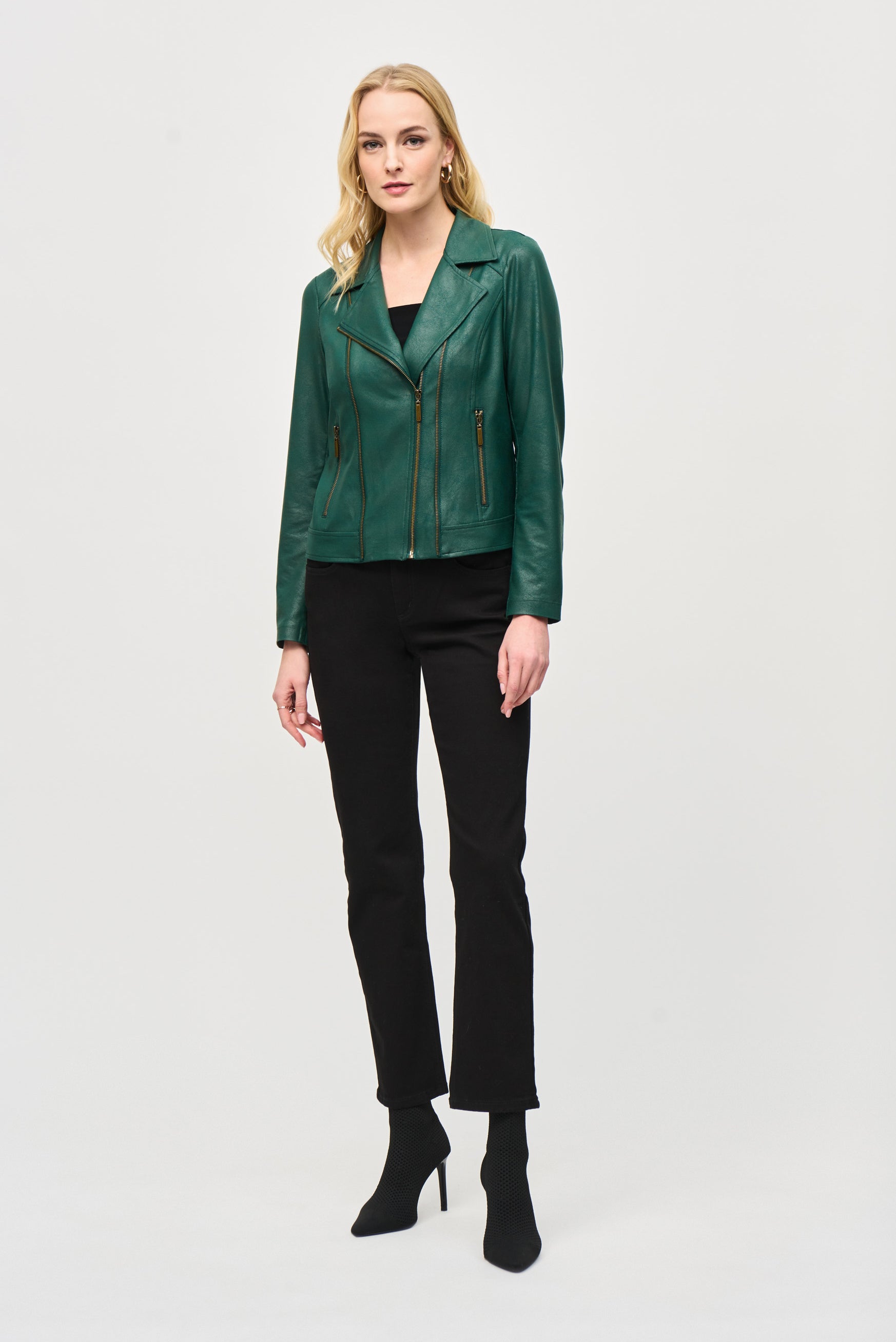 Joseph Ribkoff (243905) Women's Long Sleeve Foiled Knit Moto Jacket in Dark Green with Brass Zipper Detail