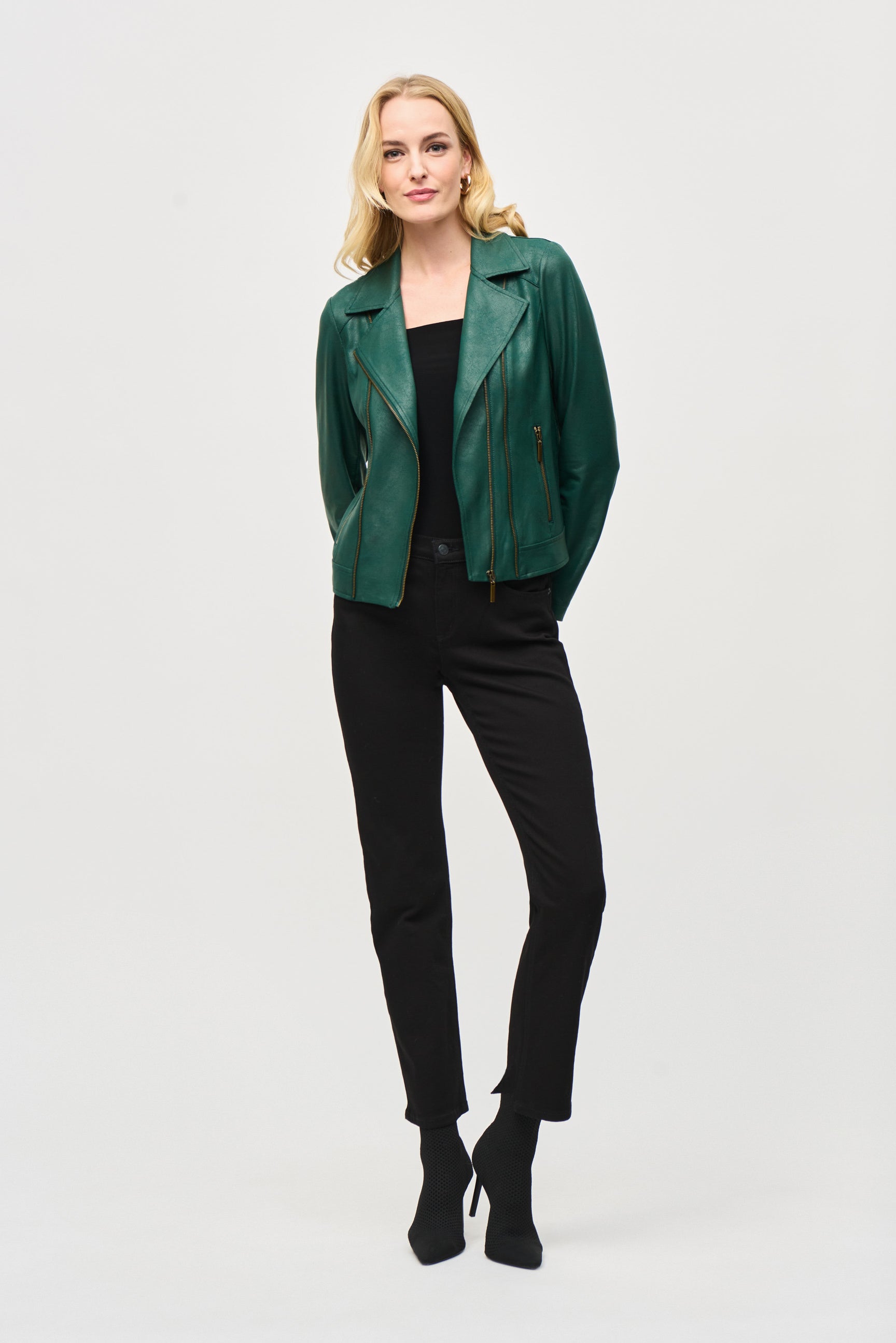 Joseph Ribkoff (243905) Women's Long Sleeve Foiled Knit Moto Jacket in Dark Green with Brass Zipper Detail