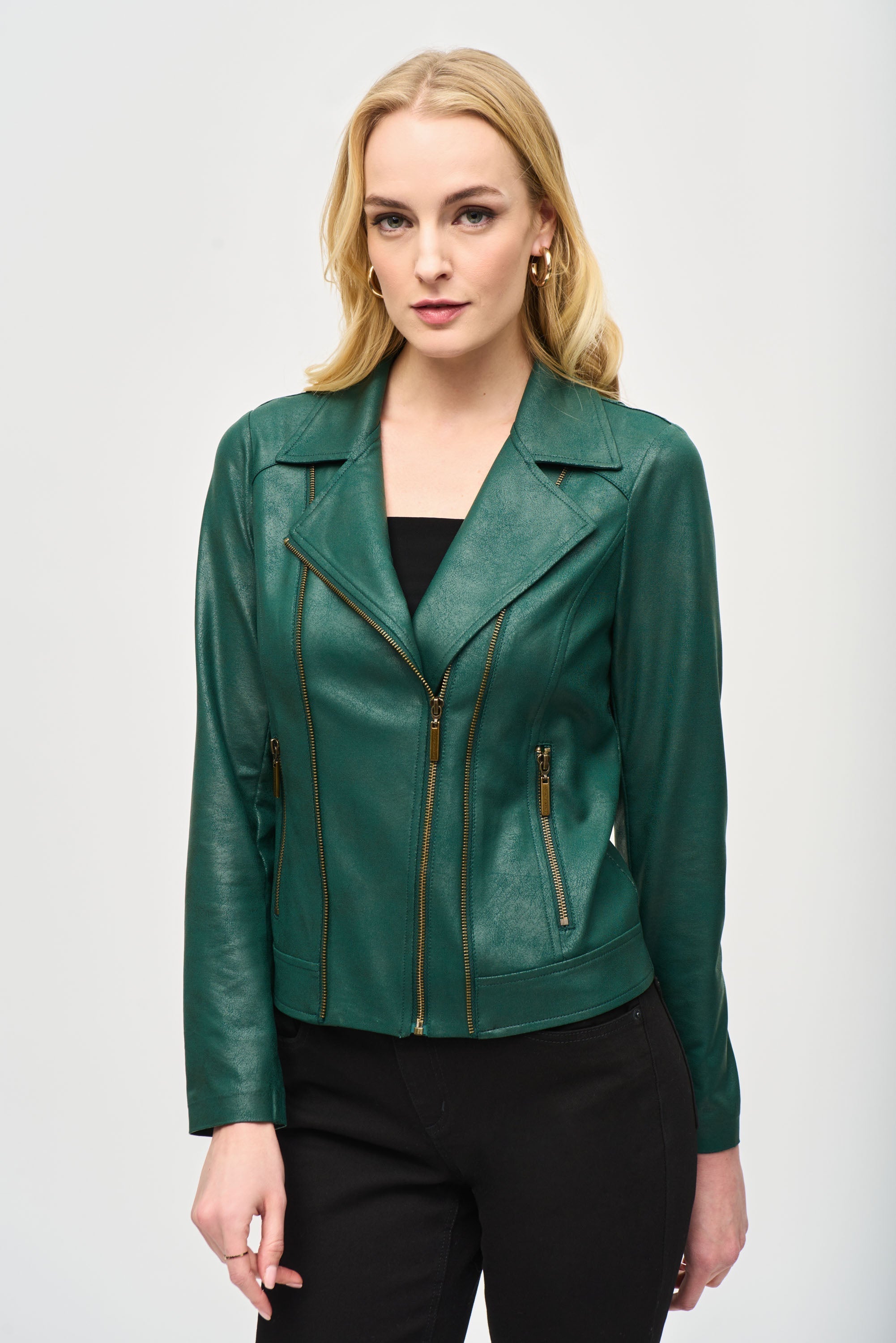 Joseph Ribkoff (243905) Women's Long Sleeve Foiled Knit Moto Jacket in Dark Green with Brass Zipper Detail