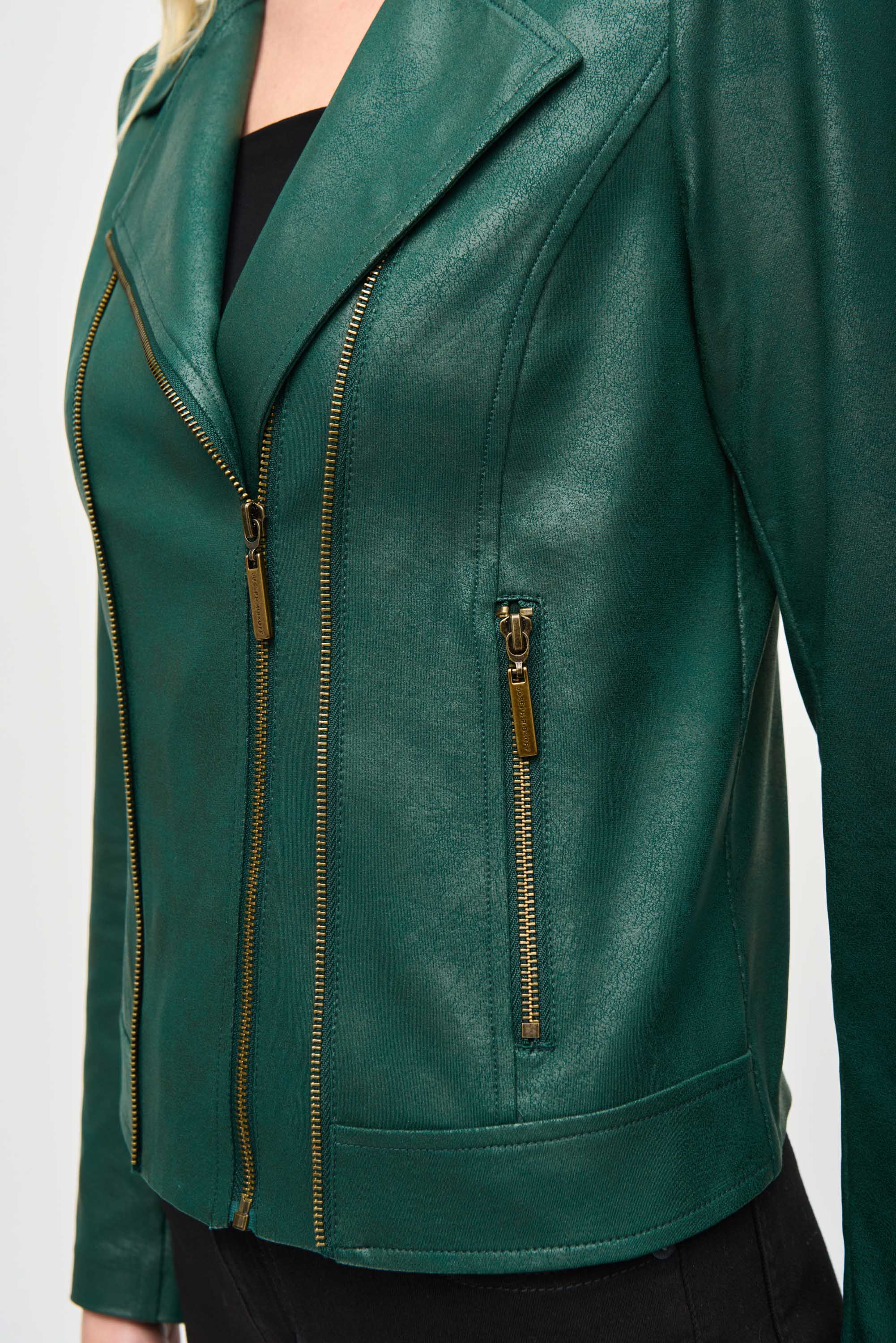 Joseph Ribkoff (243905) Women's Long Sleeve Foiled Knit Moto Jacket in Dark Green with Brass Zipper Detail