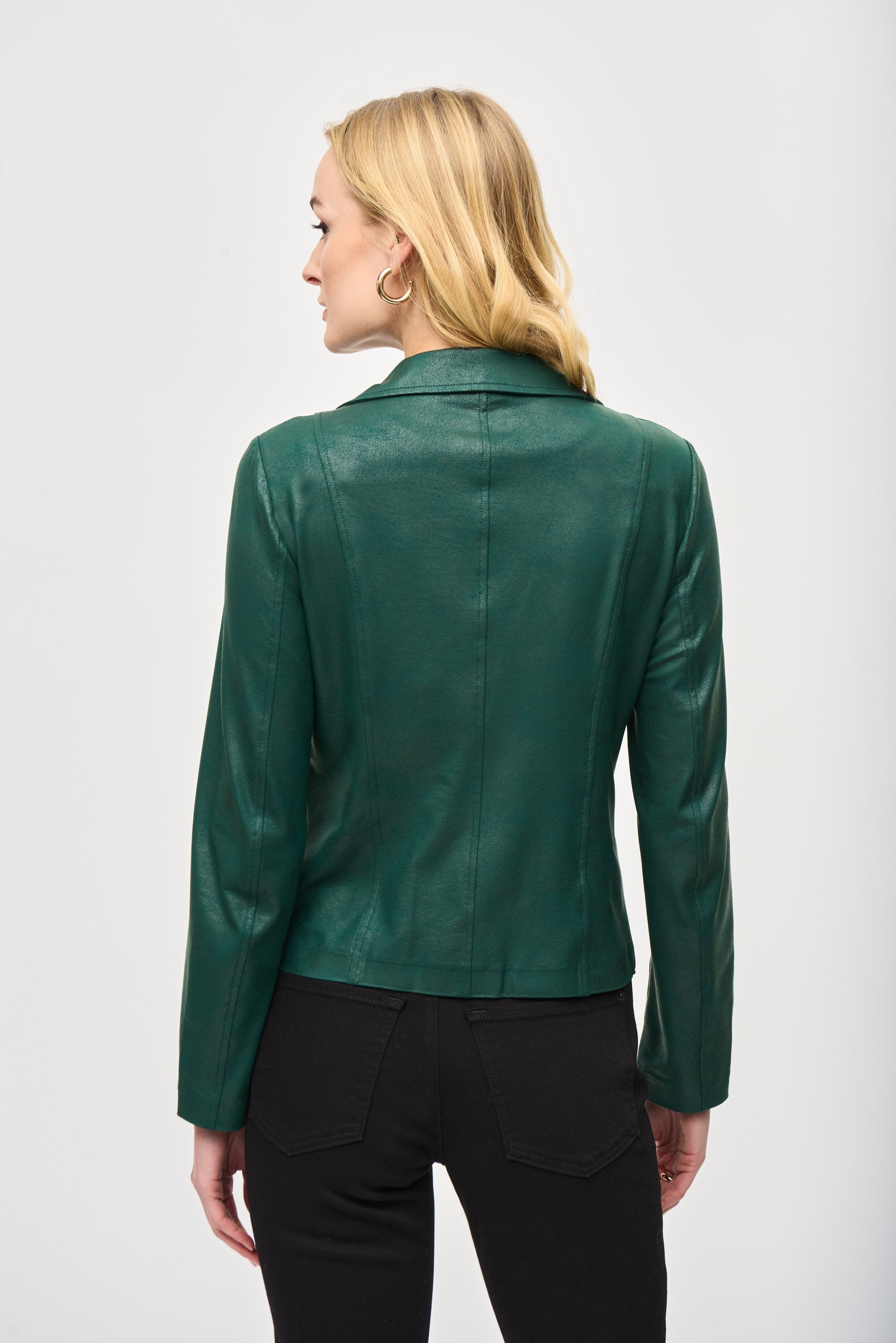 Back view of Joseph Ribkoff (243905) Women's Long Sleeve Foiled Knit Moto Jacket in Dark Green with Brass Zipper Detail