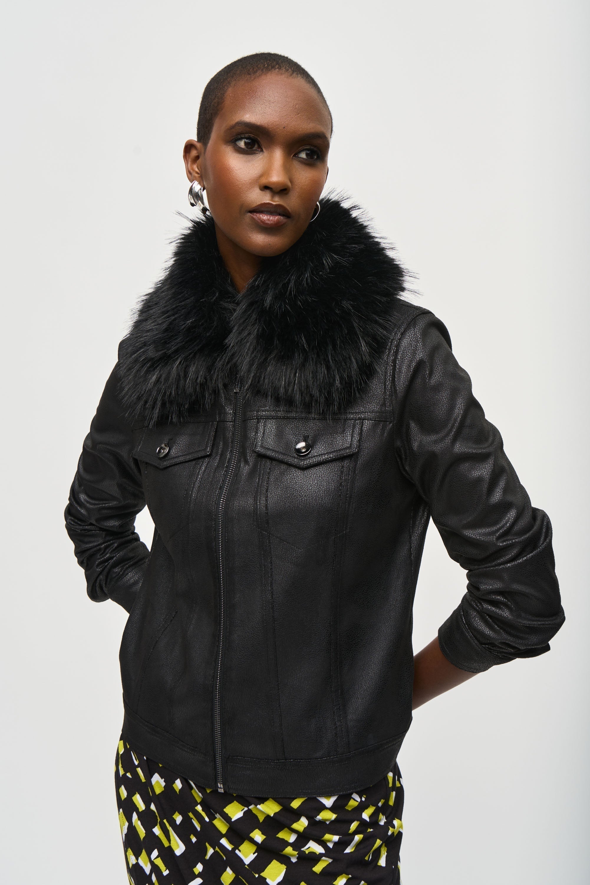 Joseph Ribkoff (243907) Women's Long Sleeve Suede Jacket with Removeable Faux Fur Collar in Black