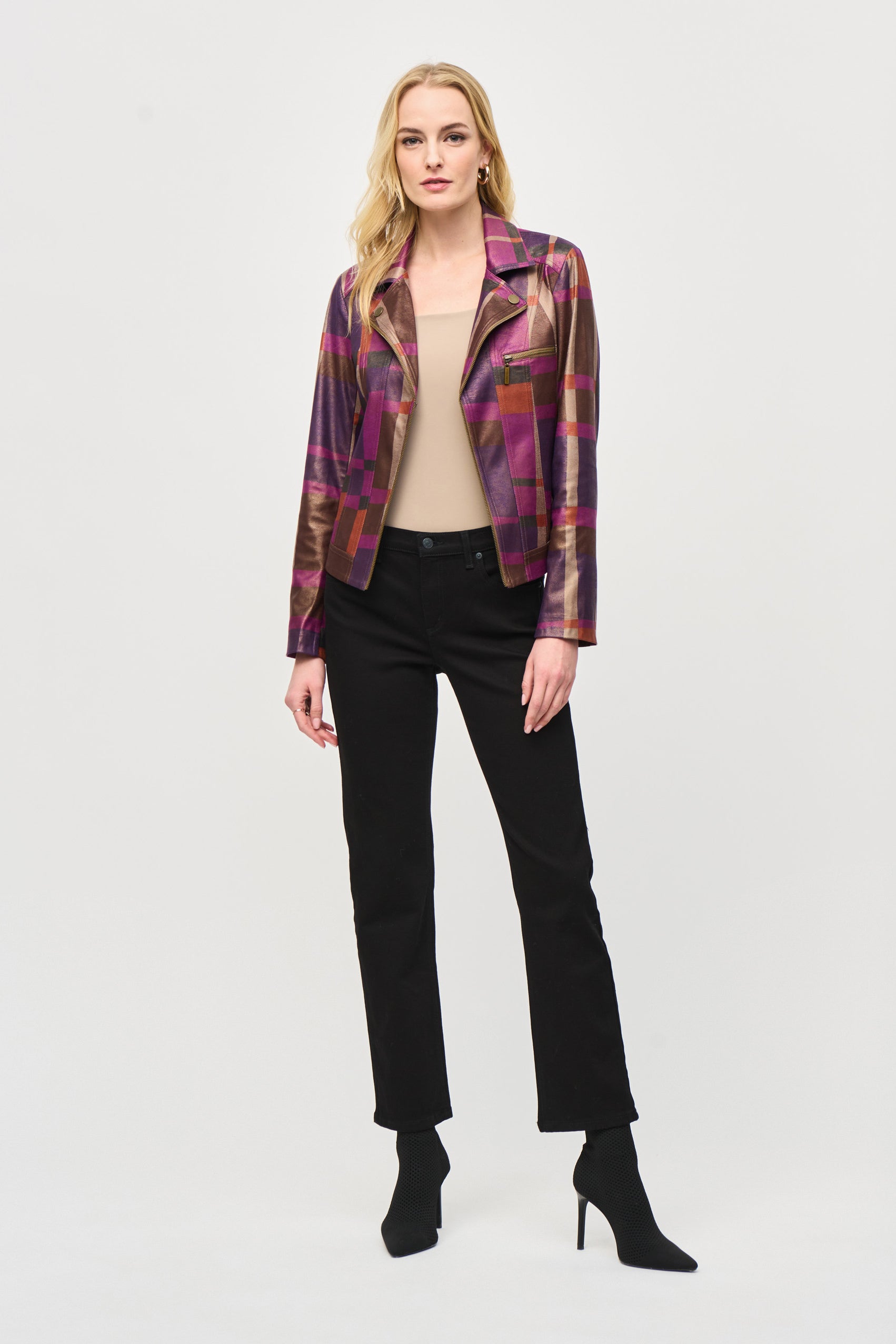 Joseph Ribkoff (243921) Women's Long Sleeve Shimmering Plaid Faux Suede Jacket with Hook Close