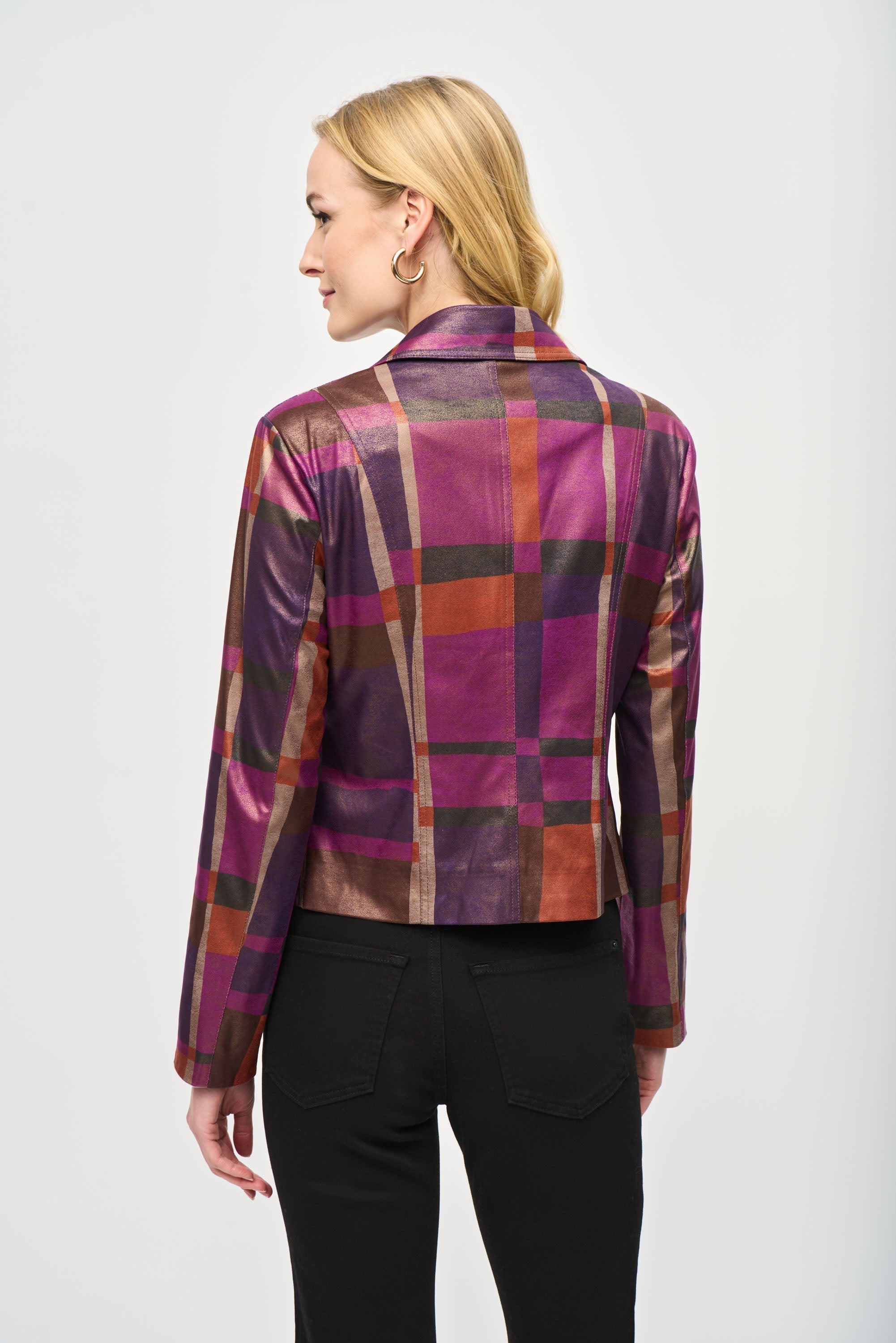 Back view of Joseph Ribkoff (243921) Women's Long Sleeve Shimmering Plaid Faux Suede Jacket with Hook Close