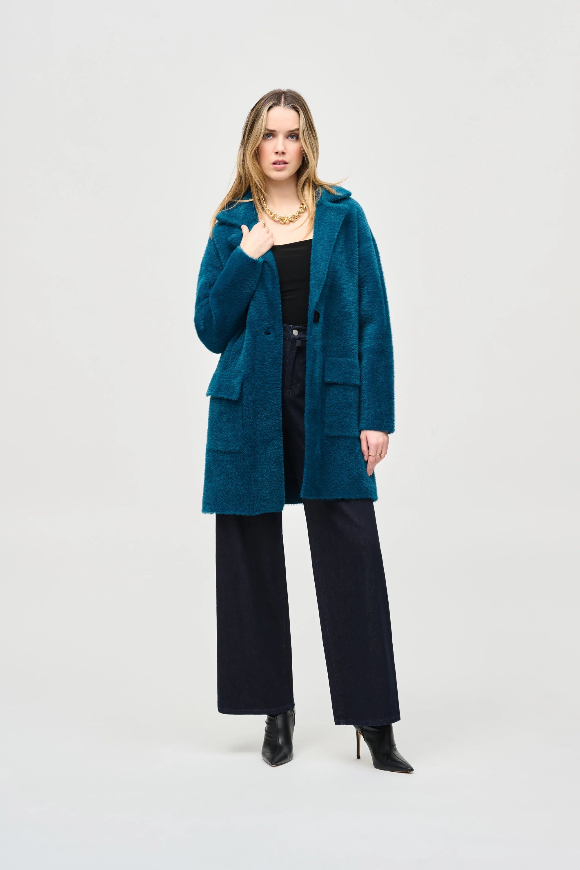 Joseph Ribkoff (243922) Women's Long Sleeve Knee Length Feather Yarn Sweater Coat with Notched Collar in Twilight - Dark Turquoise