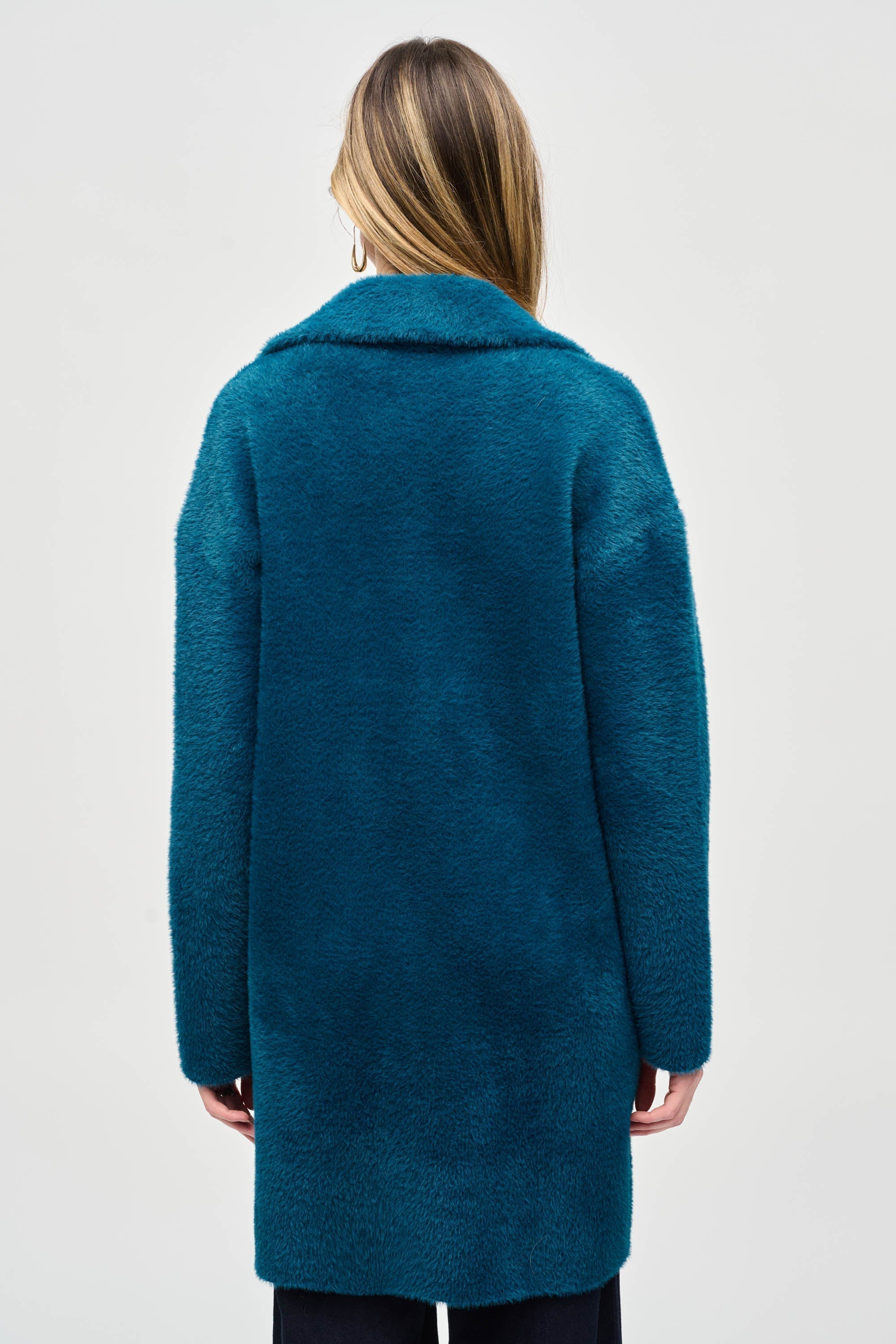 Back view of Joseph Ribkoff (243922) Women's Long Sleeve Knee Length Feather Yarn Sweater Coat with Notched Collar in Twilight - Dark Turquoise