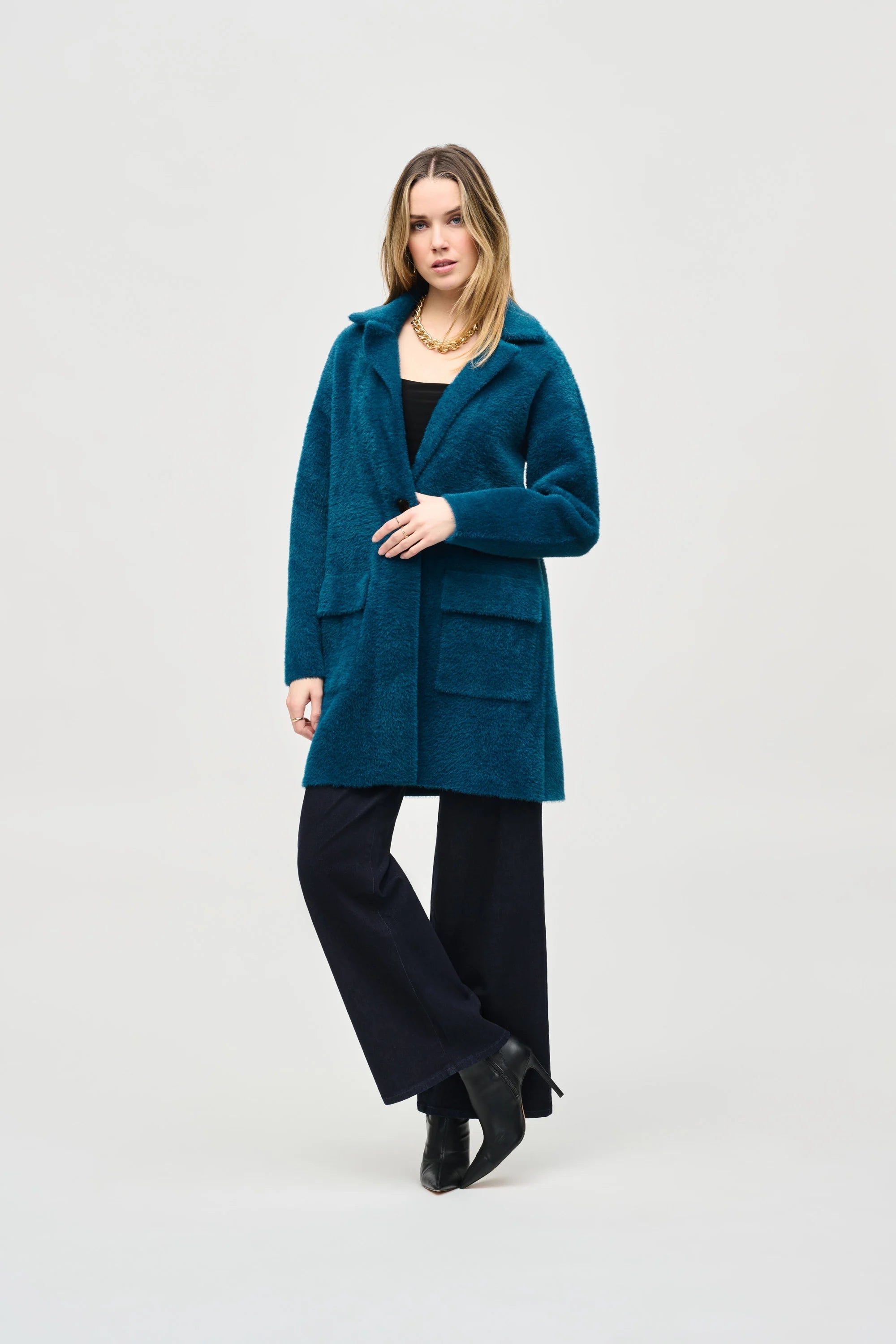 Joseph Ribkoff (243922) Women's Long Sleeve Knee Length Feather Yarn Sweater Coat with Notched Collar in Twilight - Dark Turquoise