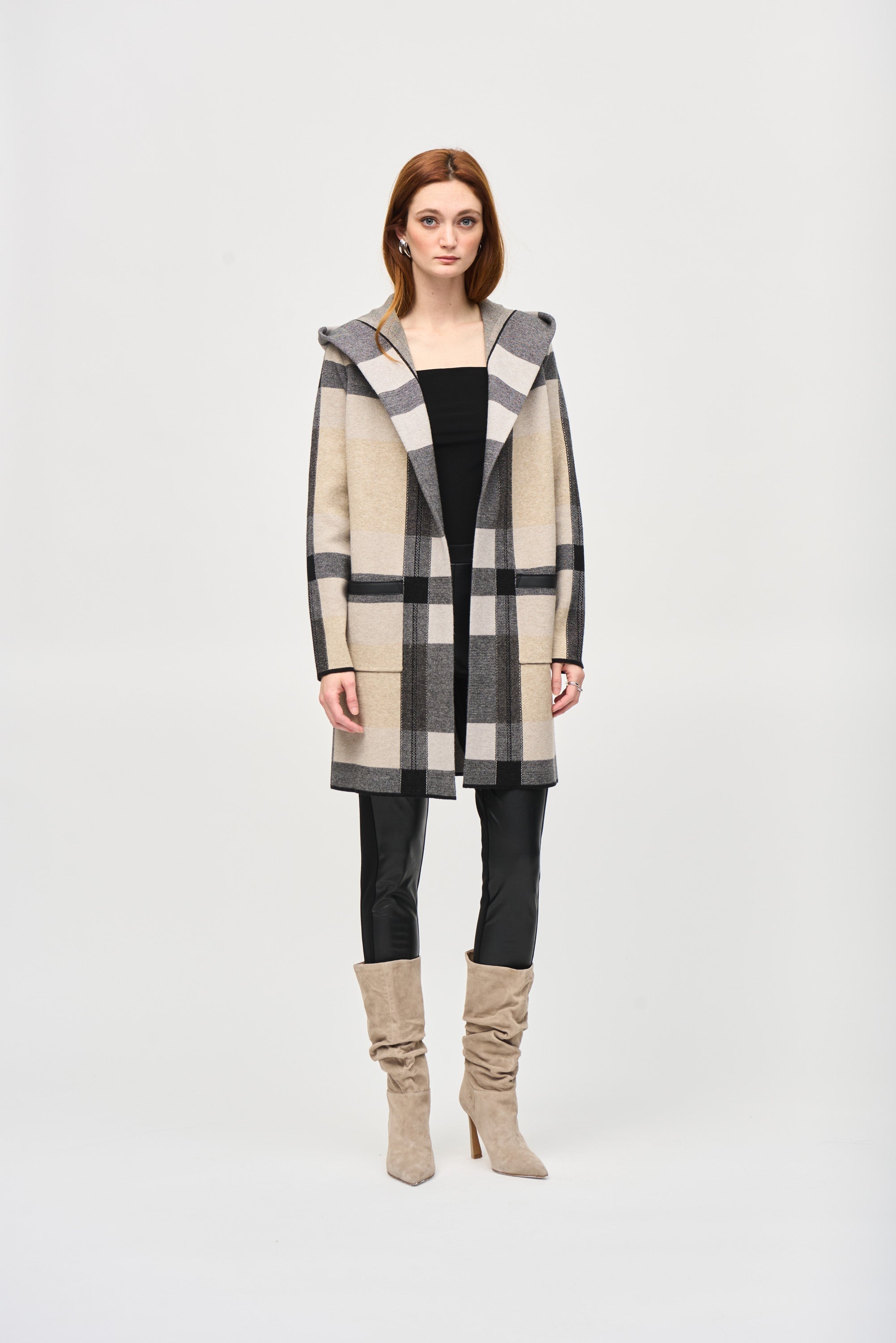 Joseph Ribkoff (243925) Brushed Jacquard Plaid Sweater Cardigan With Hooded Collar in Black Beige and Grey