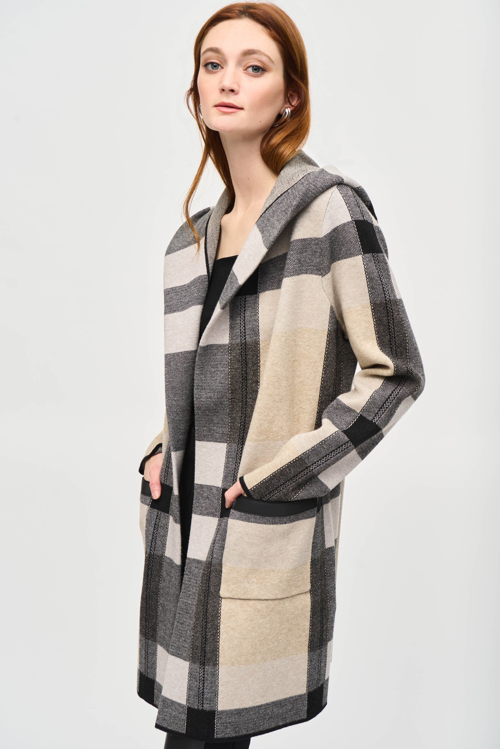 Joseph Ribkoff (243925) Brushed Jacquard Plaid Sweater Cardigan With Hooded Collar in Black Beige and Grey