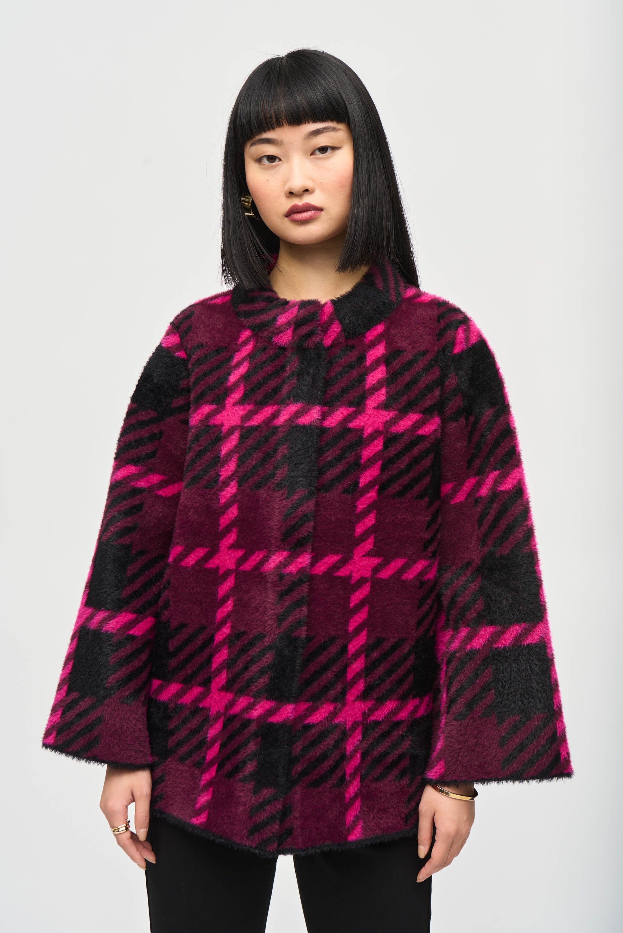 Joseph Ribkoff (243931) Women's Long Bell Sleeve Jacquard Knit Coat With Funnel Neck and A-Line Silhouette in Pink & Black Plaid