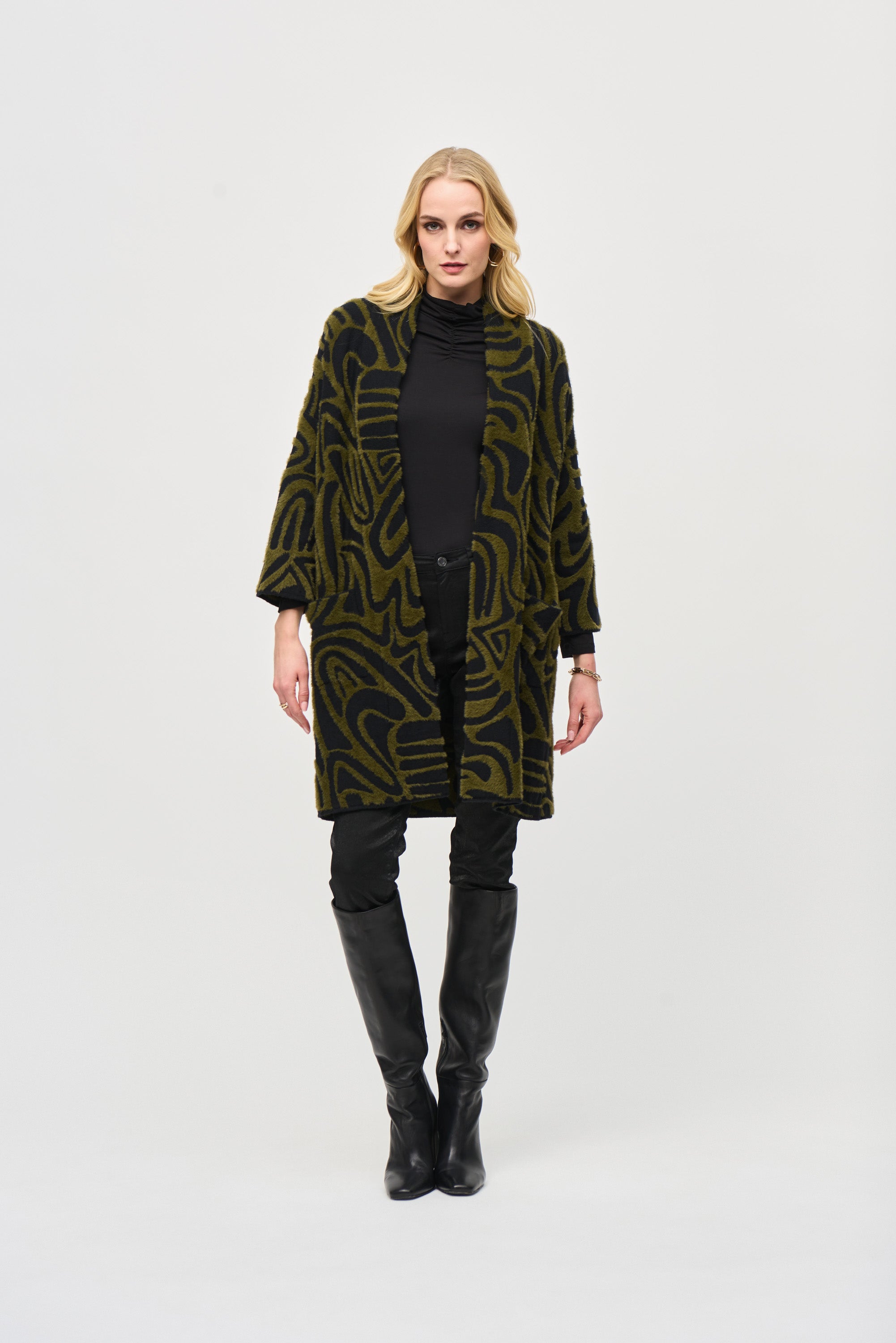 Joseph Ribkoff (243932) Women's 3/4 Sleeve Embossed Open Front Long Line Cardigan with Front Pockets in Green and Black Swirled Abstract Print