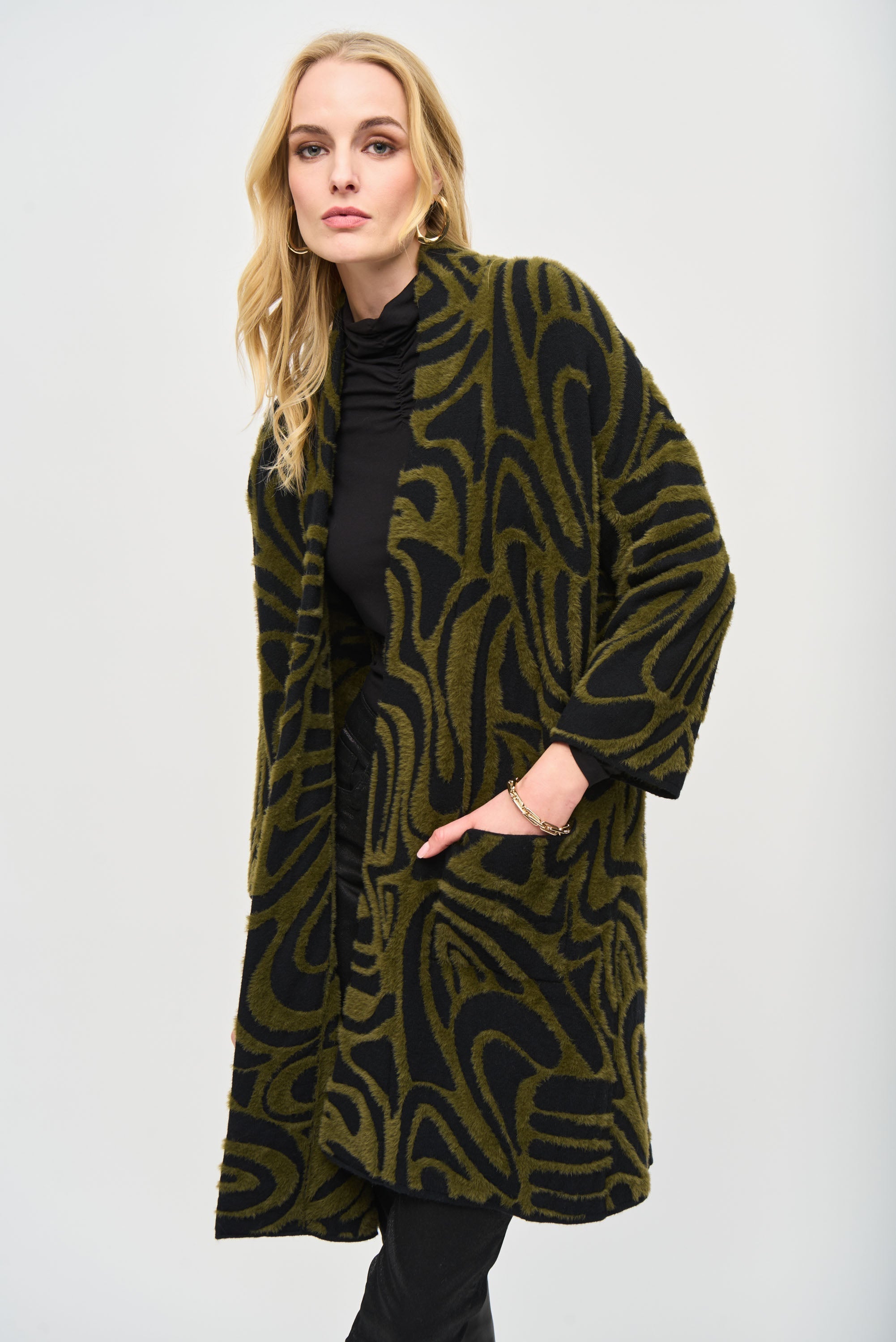 Joseph Ribkoff (243932) Women's 3/4 Sleeve Embossed Open Front Long Line Cardigan with Front Pockets in Green and Black Swirled Abstract Print