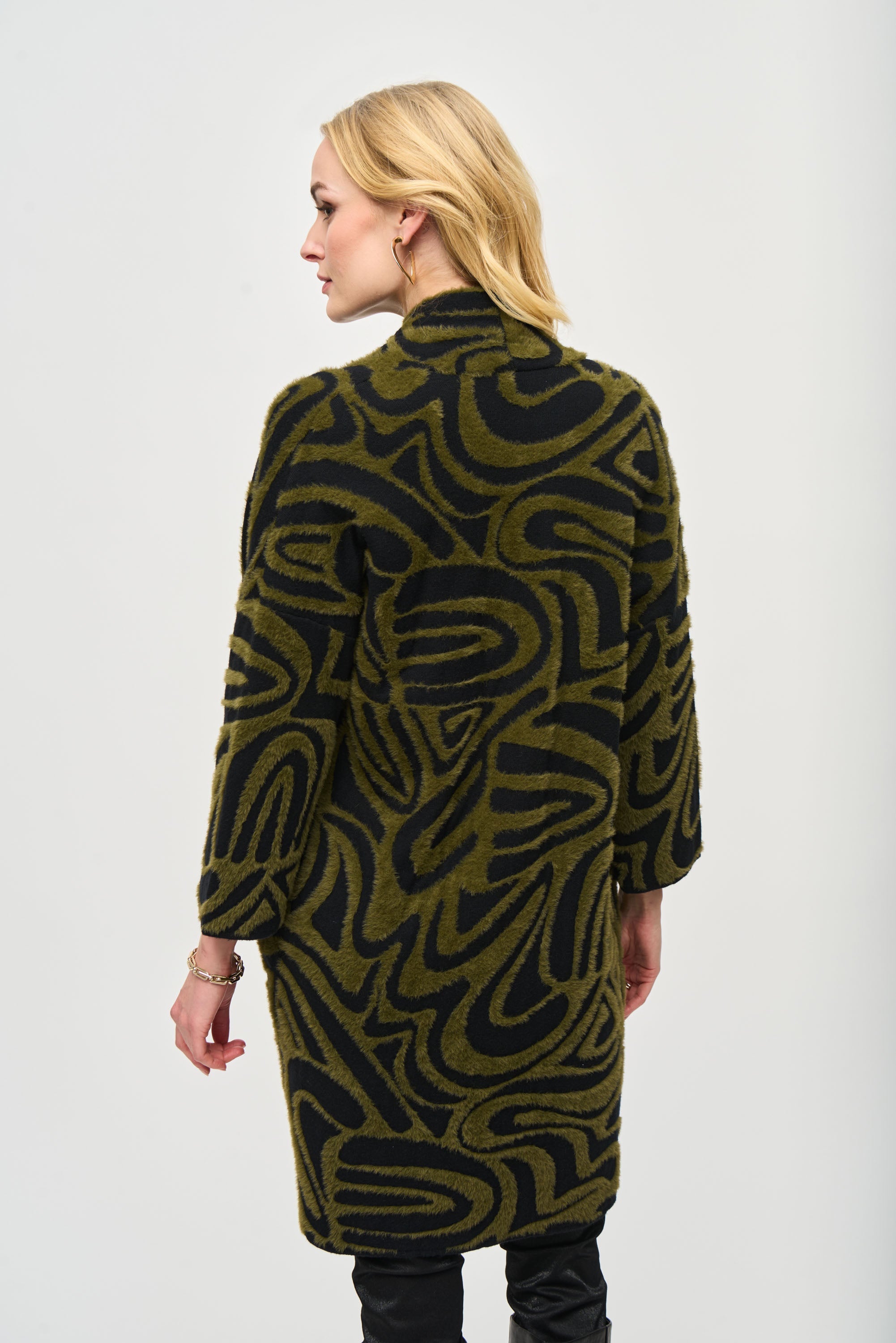 Back view of Joseph Ribkoff (243932) Women's 3/4 Sleeve Embossed Open Front Long Line Cardigan with Front Pockets in Green and Black Swirled Abstract Print