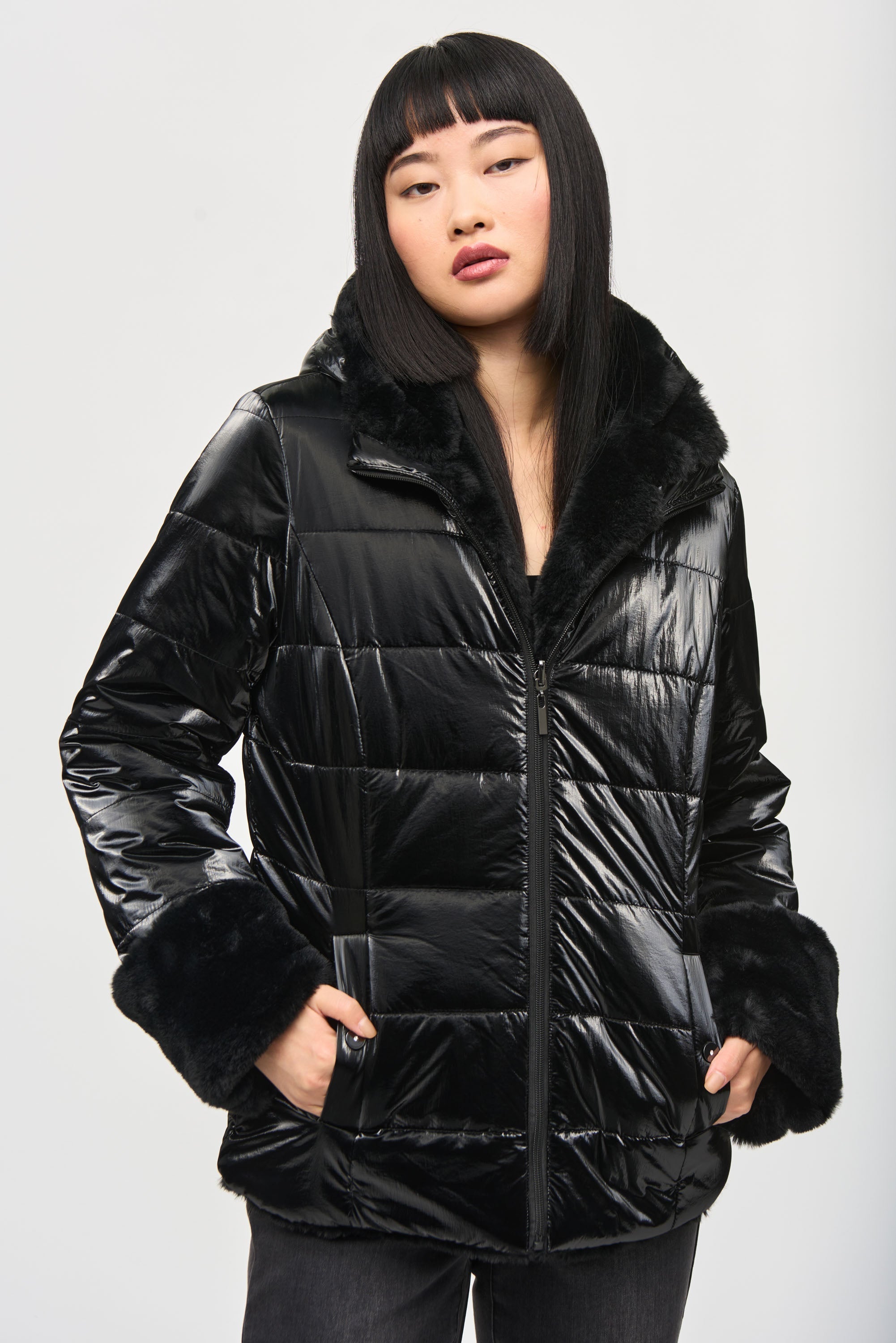 Joseph RIbkoff (243937) Women's Reversible Faux Fur Quilted Puffer Coat in Black