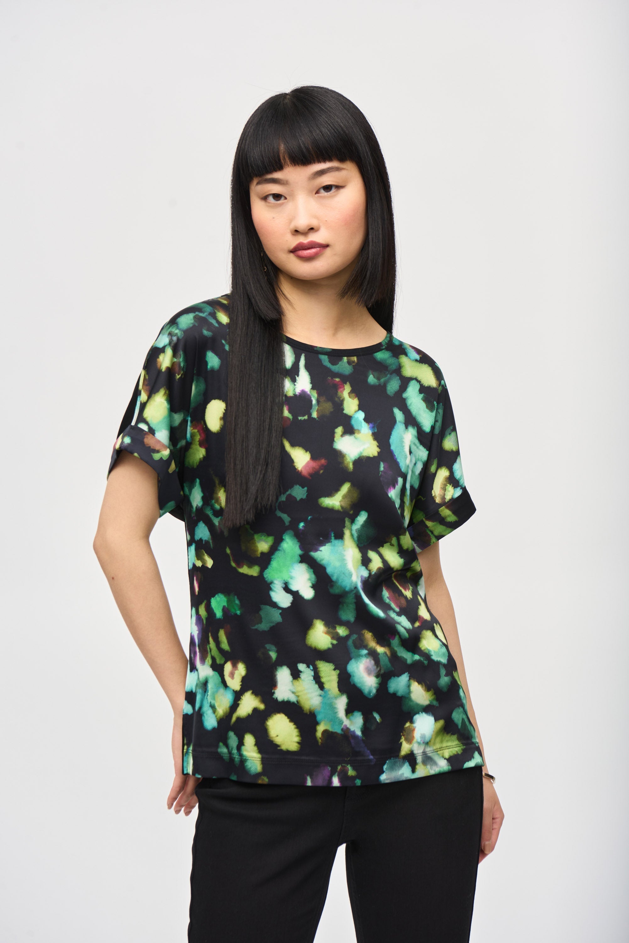 Joseph Ribkoff (243938) Women's Short Dolman Sleeve Top With Green Abstract Printed Satin Front and Black Silky Knit Back