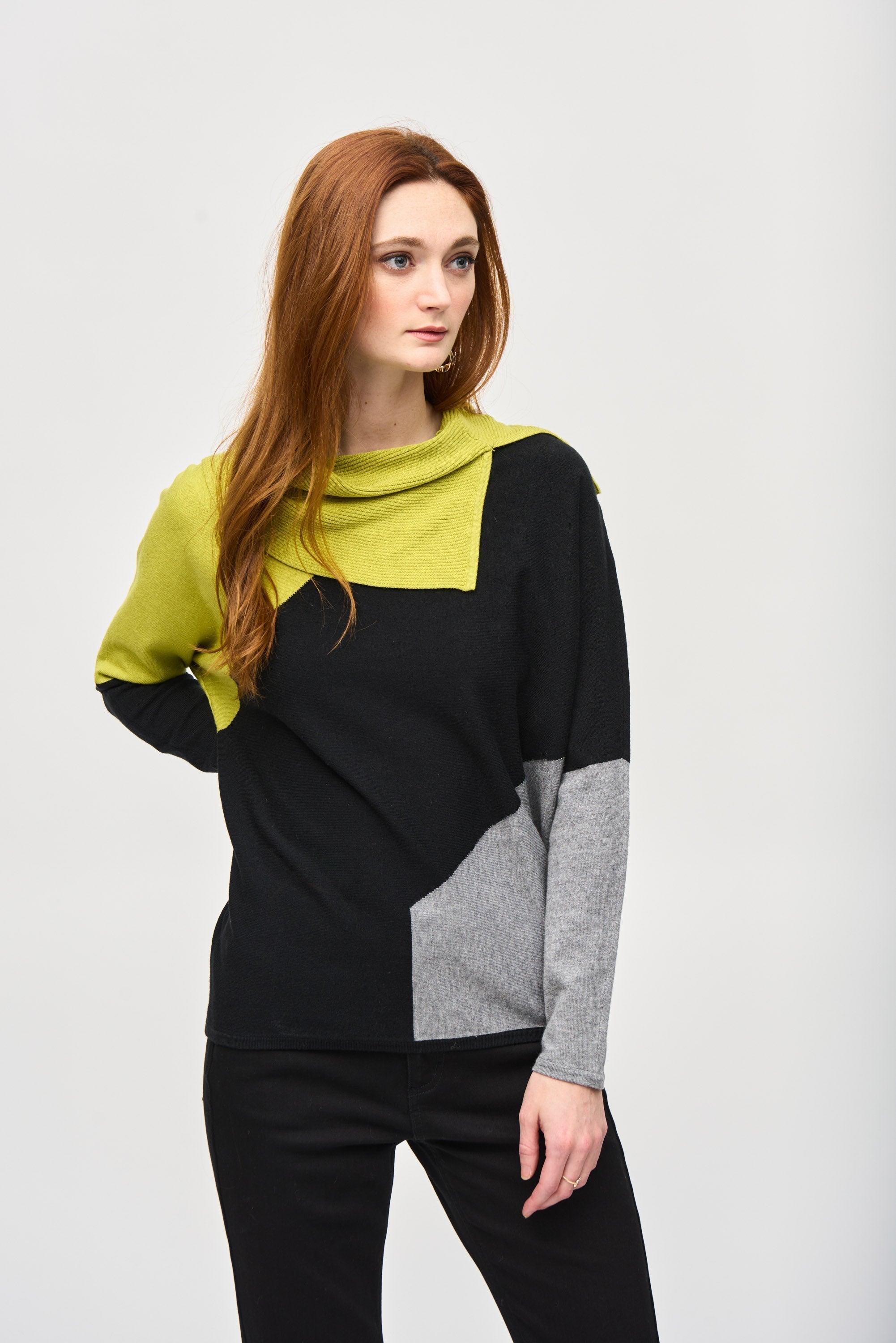 Joseph Ribkoff (243941) Long Sleeve Color-Block Jacquard Sweater Top in Wasabi Black Grey Green