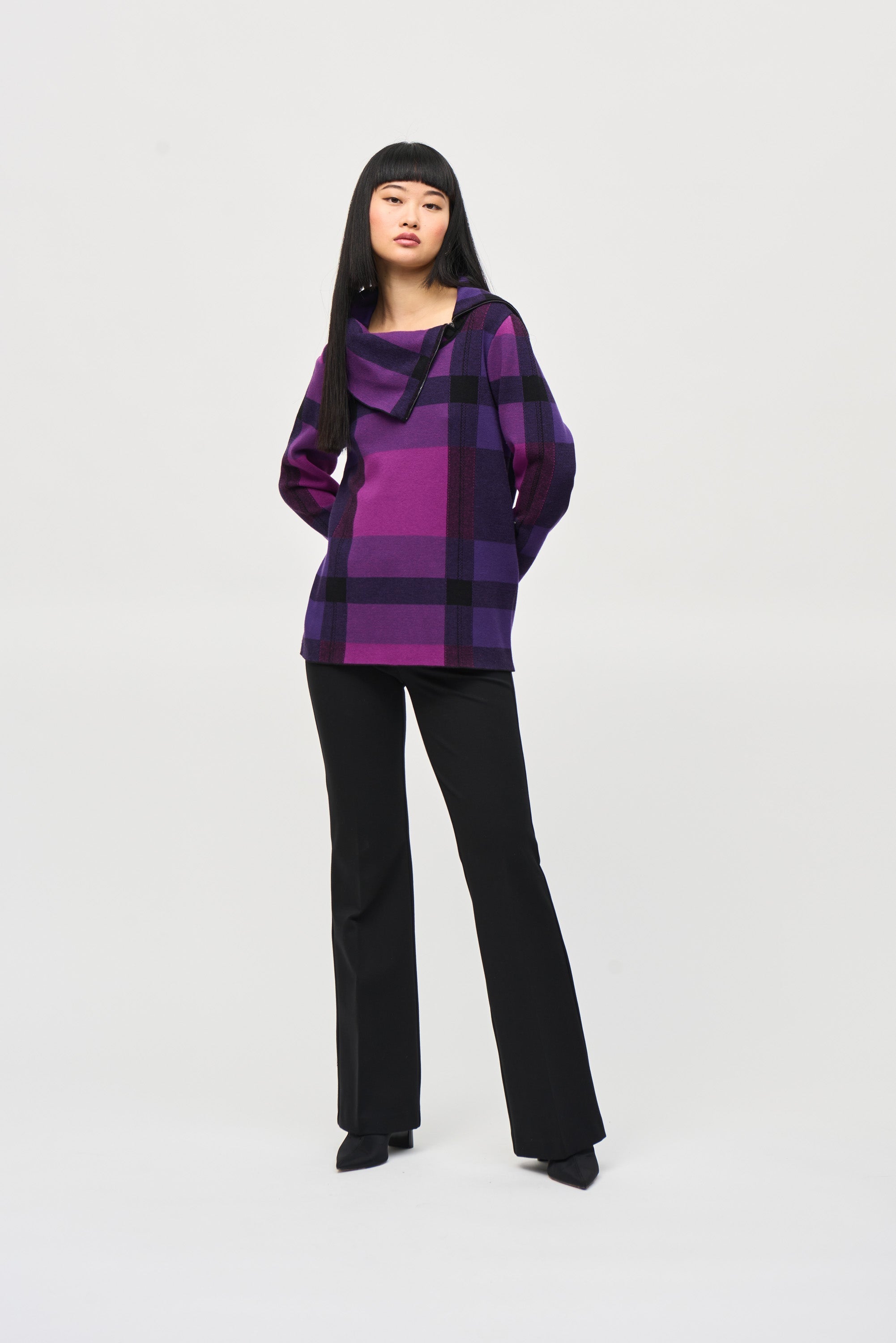 Joseph Ribkoff 243943 women's plaid print cowlneck sweater in empress purple paired with cowl neck unzipped and paired with black flare pants