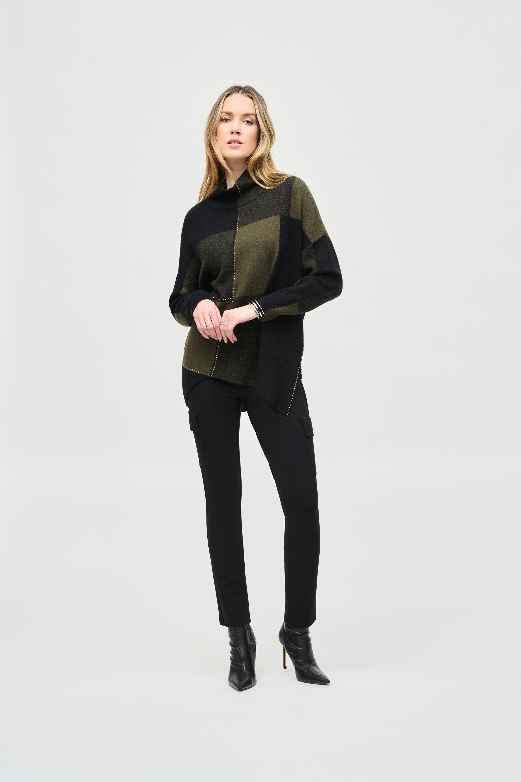 Joseph Ribkoff (243944) Women's Long Sleeve Colour-Block Jacquard Knit Pullover With Mock Neck, and Studded detailing in Black and Iguana Green